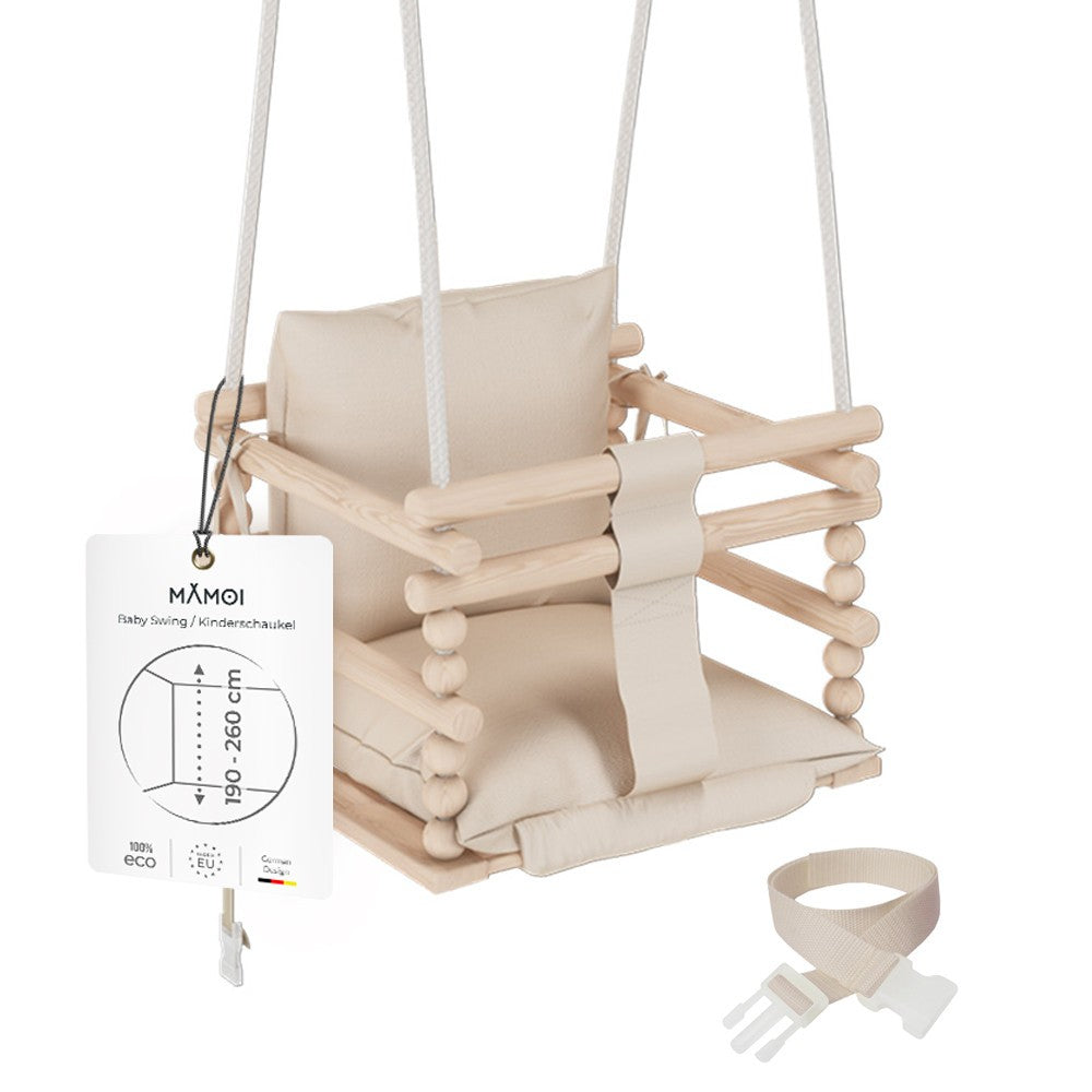 MAMOI® Baby swing Beige, Toddler sensory seat 3 in 1, Wooden door bouncer for kids, Indoor swings set, Chair from birth for toddlers age 1-3-0