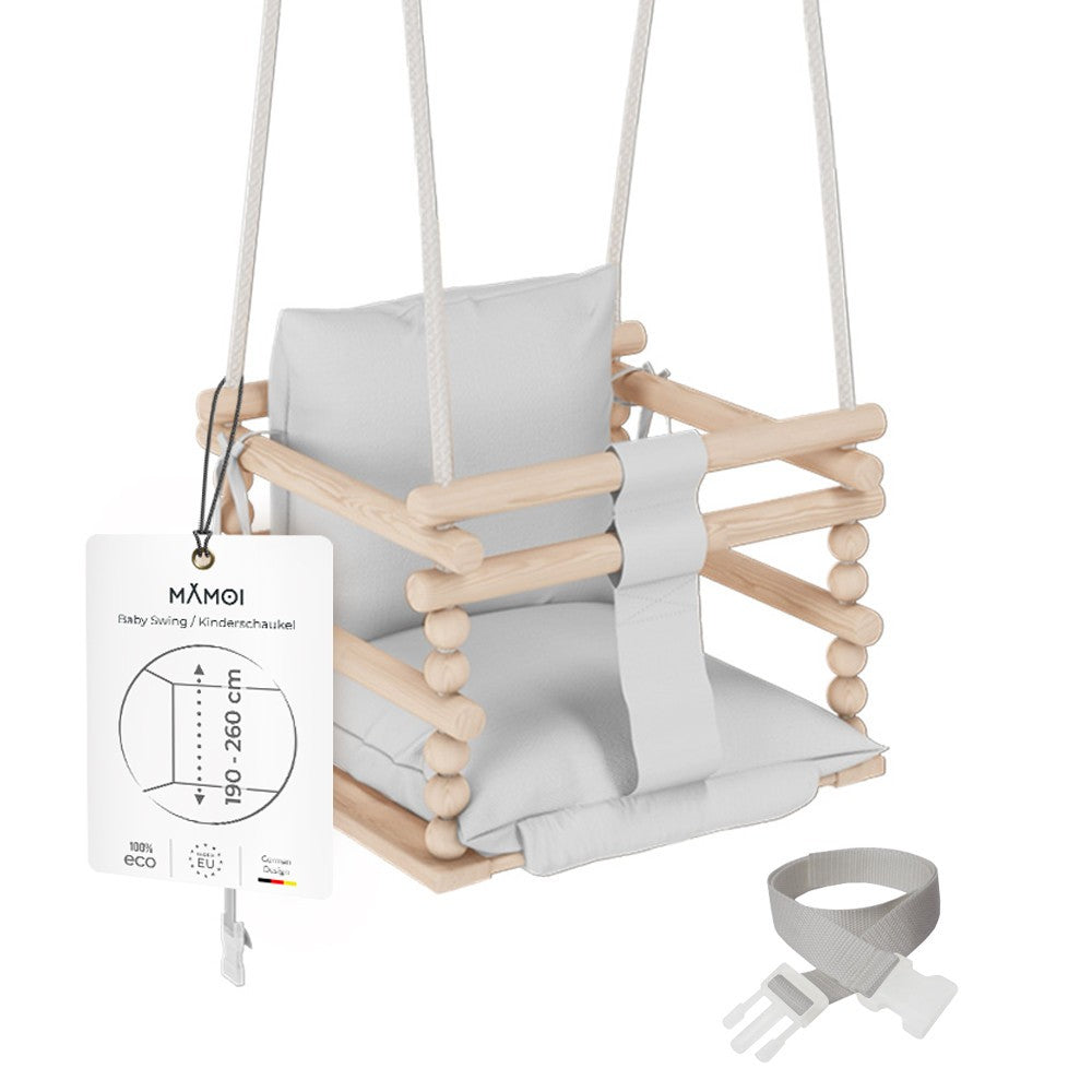 MAMOI® Baby swing Light grey, Toddler sensory seat 3 in 1, Wooden door bouncer for kids, Indoor swings set, Chair from birth for toddlers age 1-3-0