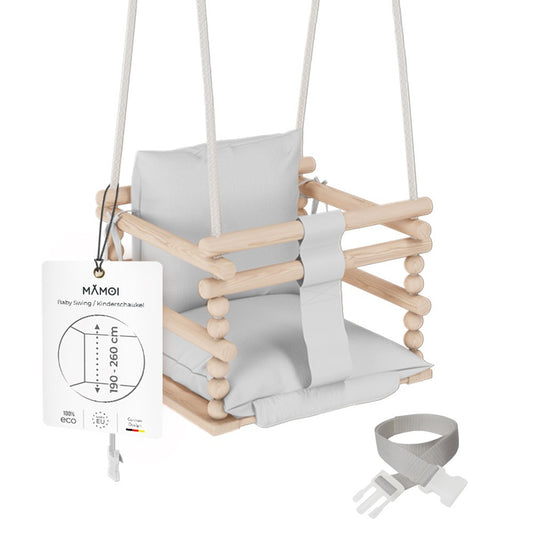 MAMOI® Baby swing Light grey, Toddler sensory seat 3 in 1, Wooden door bouncer for kids, Indoor swings set, Chair from birth for toddlers age 1-3-0