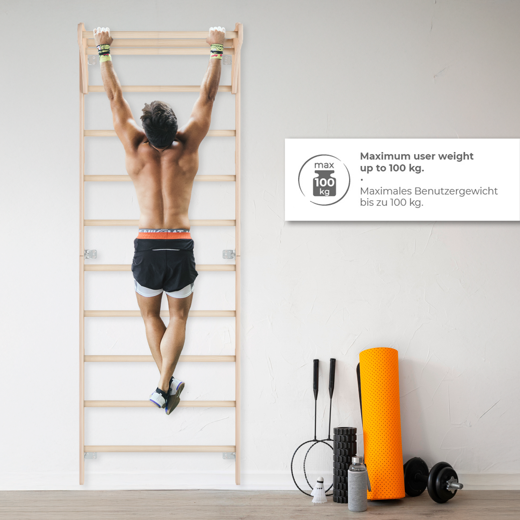 MAMOI® Wall-Mounted Gymnastics Bar with Pull-Up Bar (230 cm) | Wooden Training Ladder | Multi-Purpose Fitness Equipment | Wall-Mounted Gym Ladder for Adults & Kids | 100% ECO | Made in EU-3