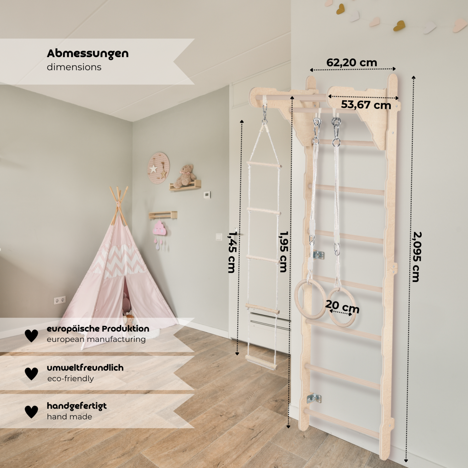 MAMOI® Children’s Gymnastic Ladder (210 cm) | Wall-Mounted Training Ladder | Rope Ladder for Kids | Wooden Indoor Playground | Gymnastic Rings | 100% ECO | Made in EU-3