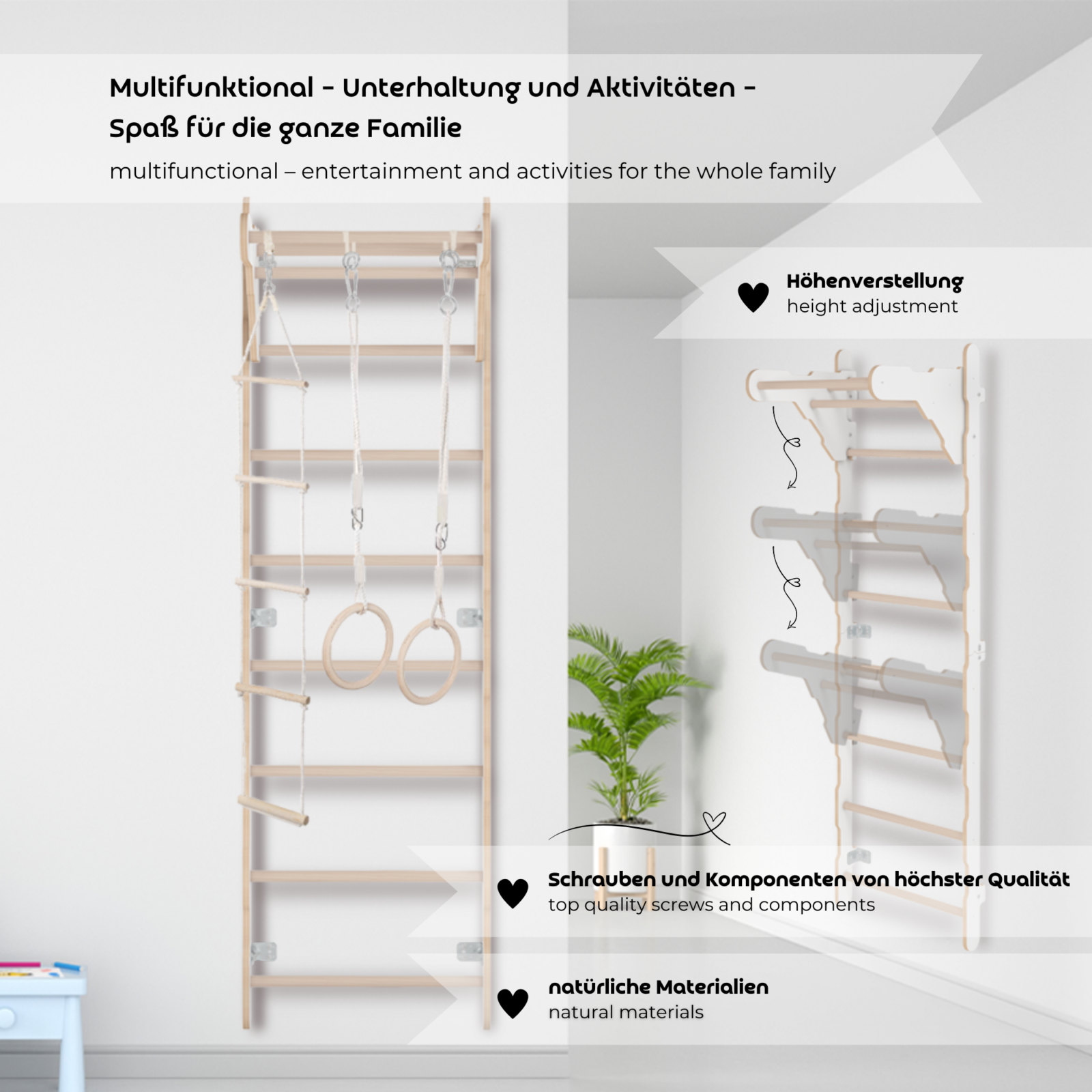 MAMOI® Children’s Gymnastic Ladder (210 cm) | Wall-Mounted Training Ladder | Rope Ladder for Kids | Wooden Indoor Playground | Gymnastic Rings | 100% ECO | Made in EU-3