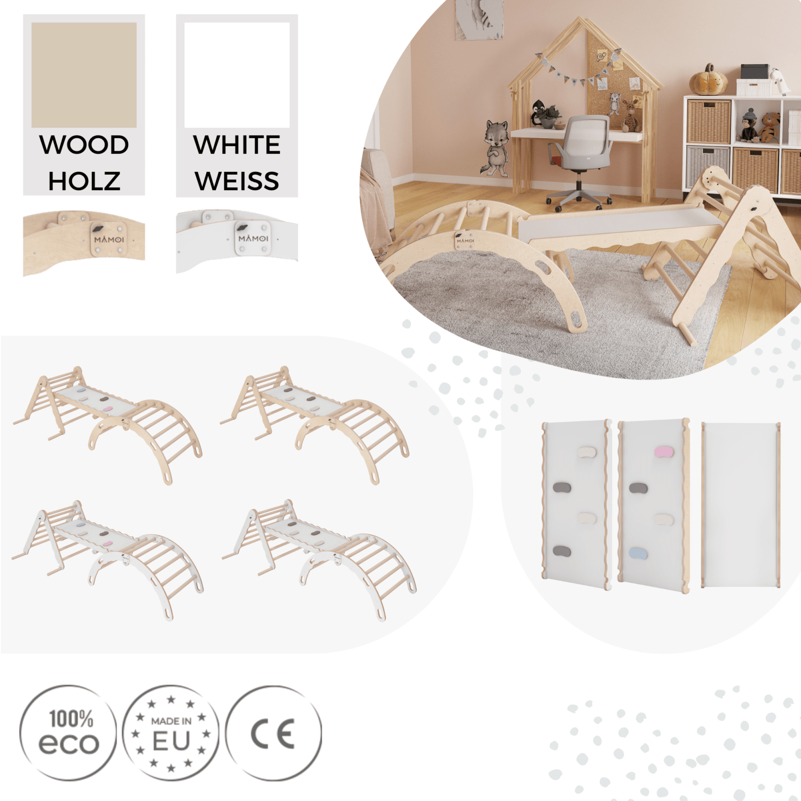 MAMOI® SET: Climbing frame, triangle and slide, Indoor wooden baby gym for toddlers, Toddler rockers, Climbers & play structures montessori from age 1-3 year old-4