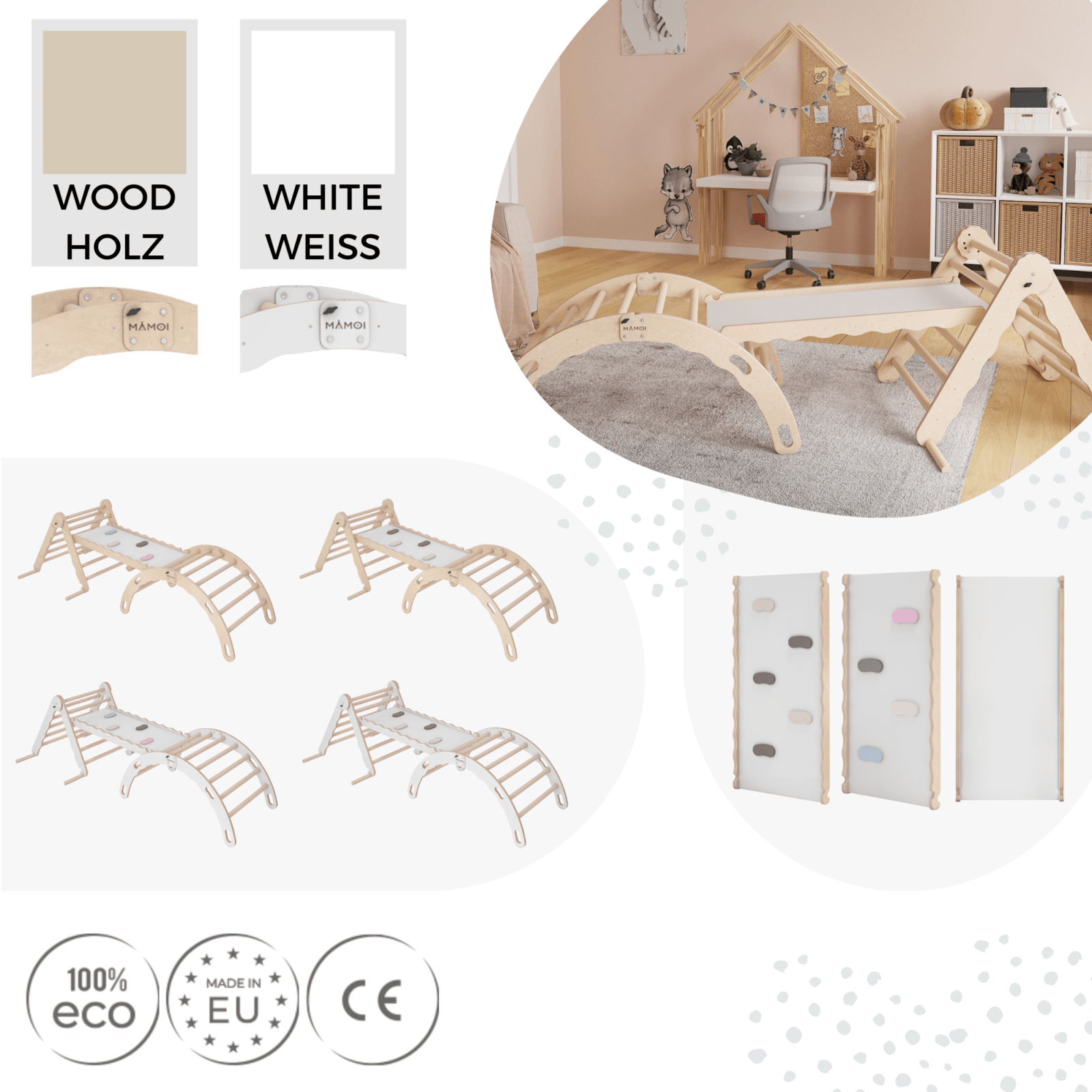 MAMOI® SET: Climbing frame, triangle and slide, Indoor wooden baby gym for toddlers, Toddler rockers, Climbers & play structures montessori from age 1-3 year old-4
