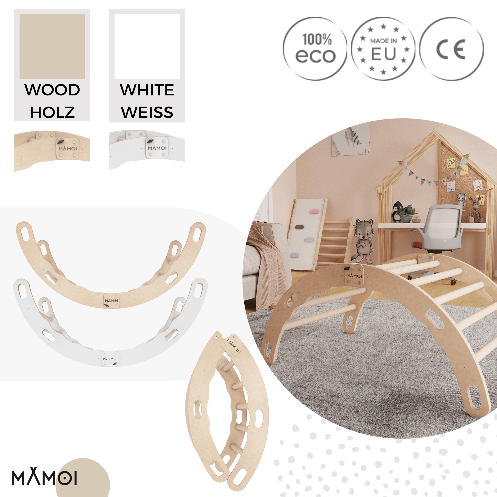 MAMOI® Indoor climbing frame for toddlers, Wooden baby gym, Play gym rocker toys made of wood for toddler, Rockers montessori climbing frame age 1-3-4