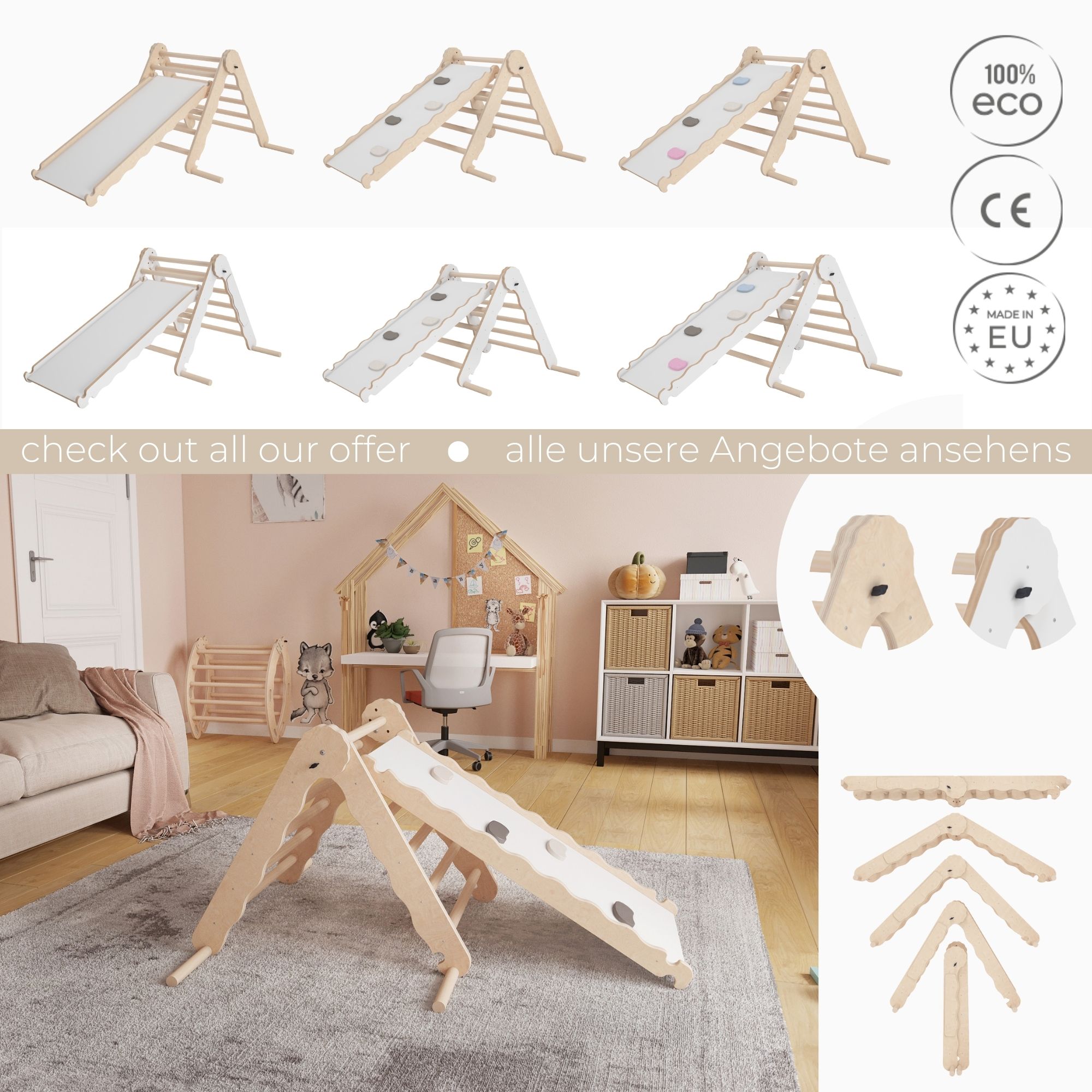 MAMOI® Indoor climbing triangle with slide for kids, Baby climbing frame, Wooden toddler gym for children outside and outdoor, Frames and slides, montessori toys for toddlers age 1-3-6