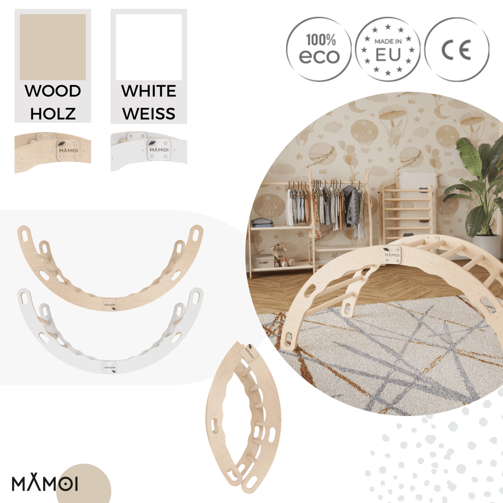 MAMOI® Indoor climbing frame for toddlers, Wooden baby gym, Play gym rocker toys made of wood for toddler, Rockers montessori climbing frame age 1-3-4