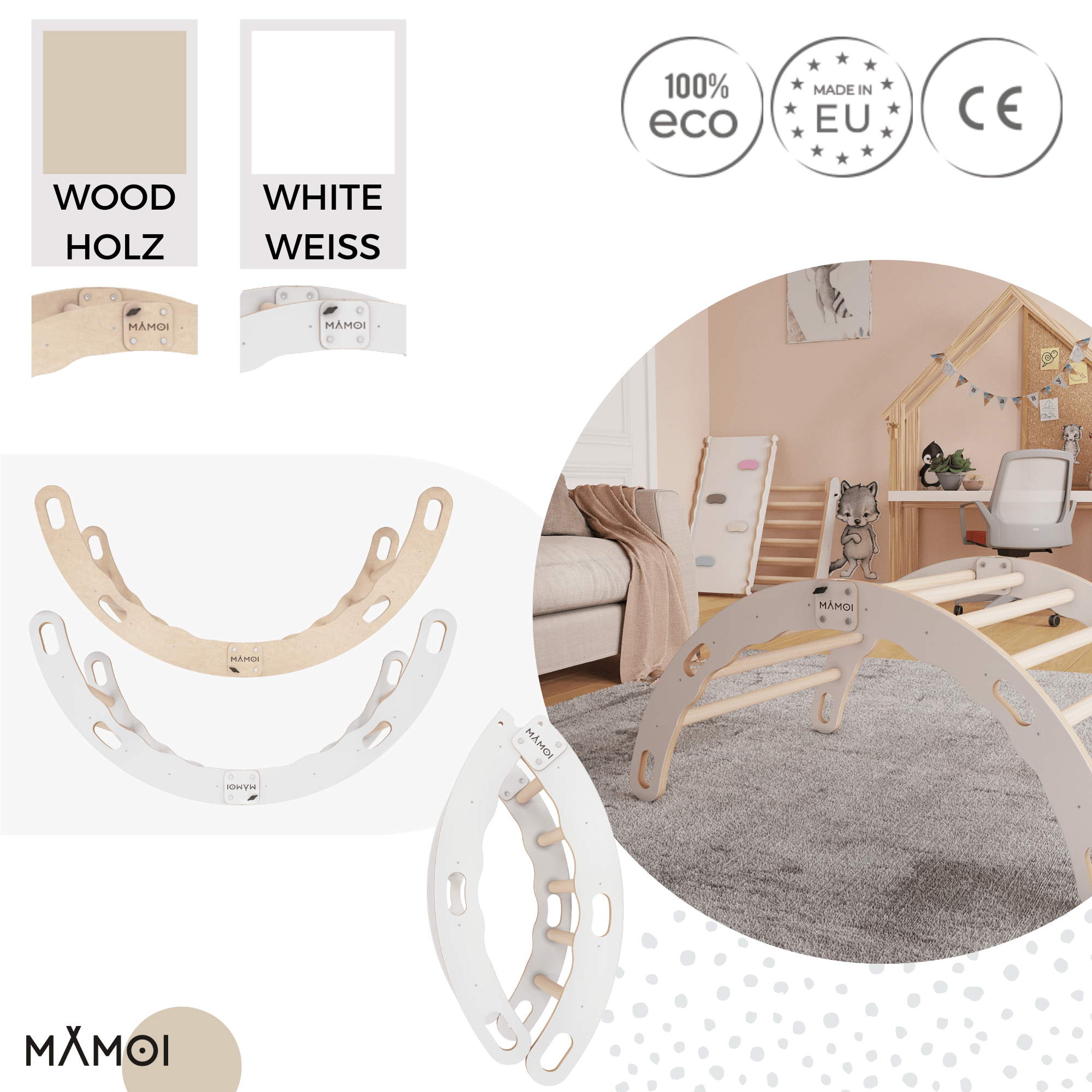 MAMOI® Indoor climbing frame for toddlers, Wooden baby gym, Play gym rocker toys made of wood for toddler, Rockers montessori climbing frame age 1-3-4