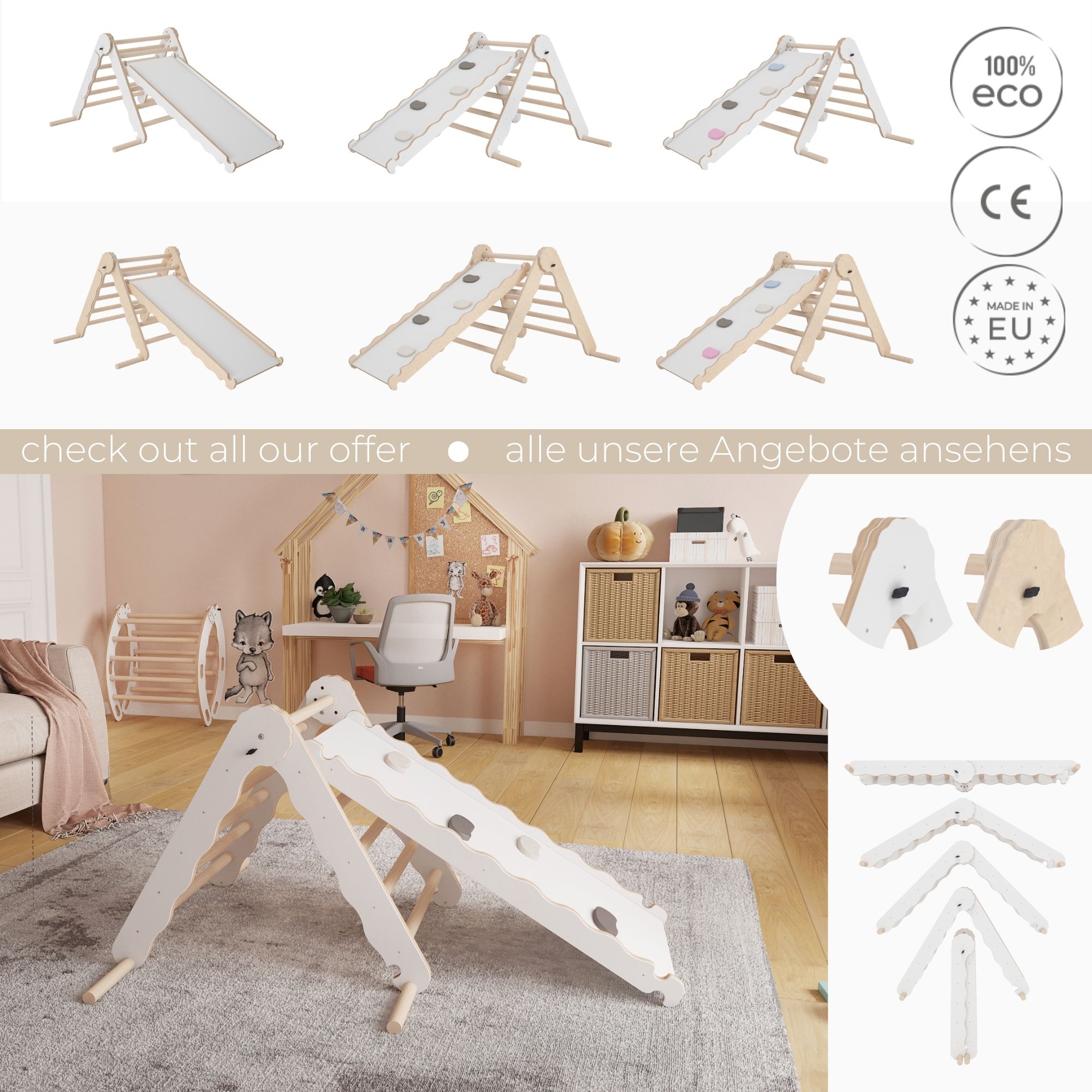 MAMOI® Indoor climbing triangle with slide for kids, Baby climbing frame, Wooden toddler gym for children outside and outdoor, Frames and slides, montessori toys for toddlers age 1-3-4