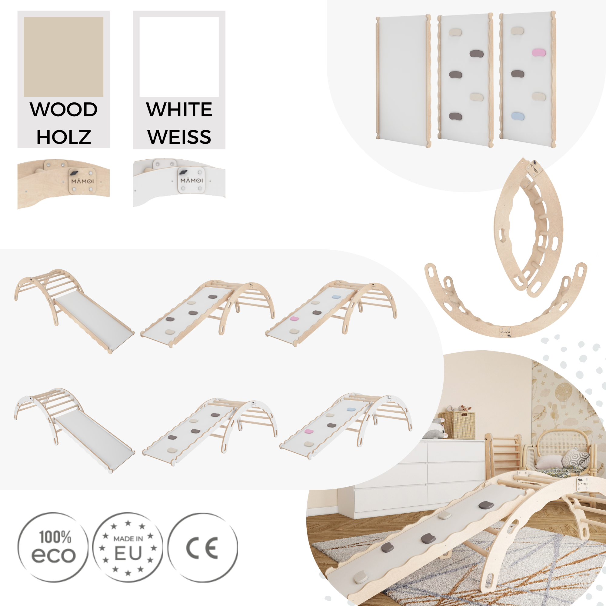 MAMOI® Indoor climbing frame for toddlers, Wooden baby gym with slide, Play gym rocker toys made of wood for toddler, Rockers montessori climbing frame age 1-3-4