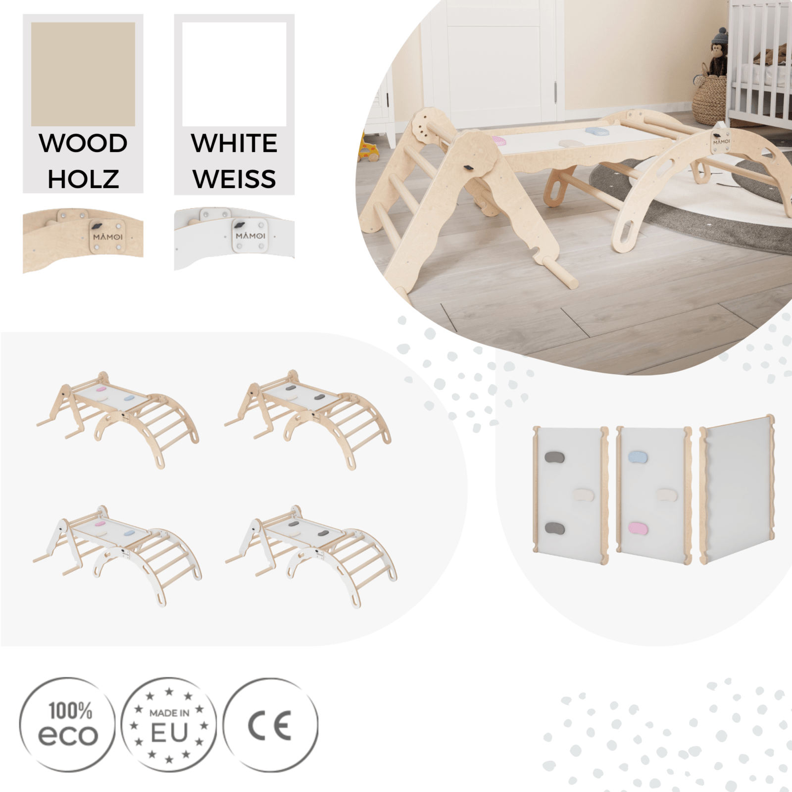MAMOI® SET: Climbing frame, triangle and slide, Indoor wooden baby gym for toddlers, Toddler rockers, Climbers & play structures montessori from age 1-3 year old-5