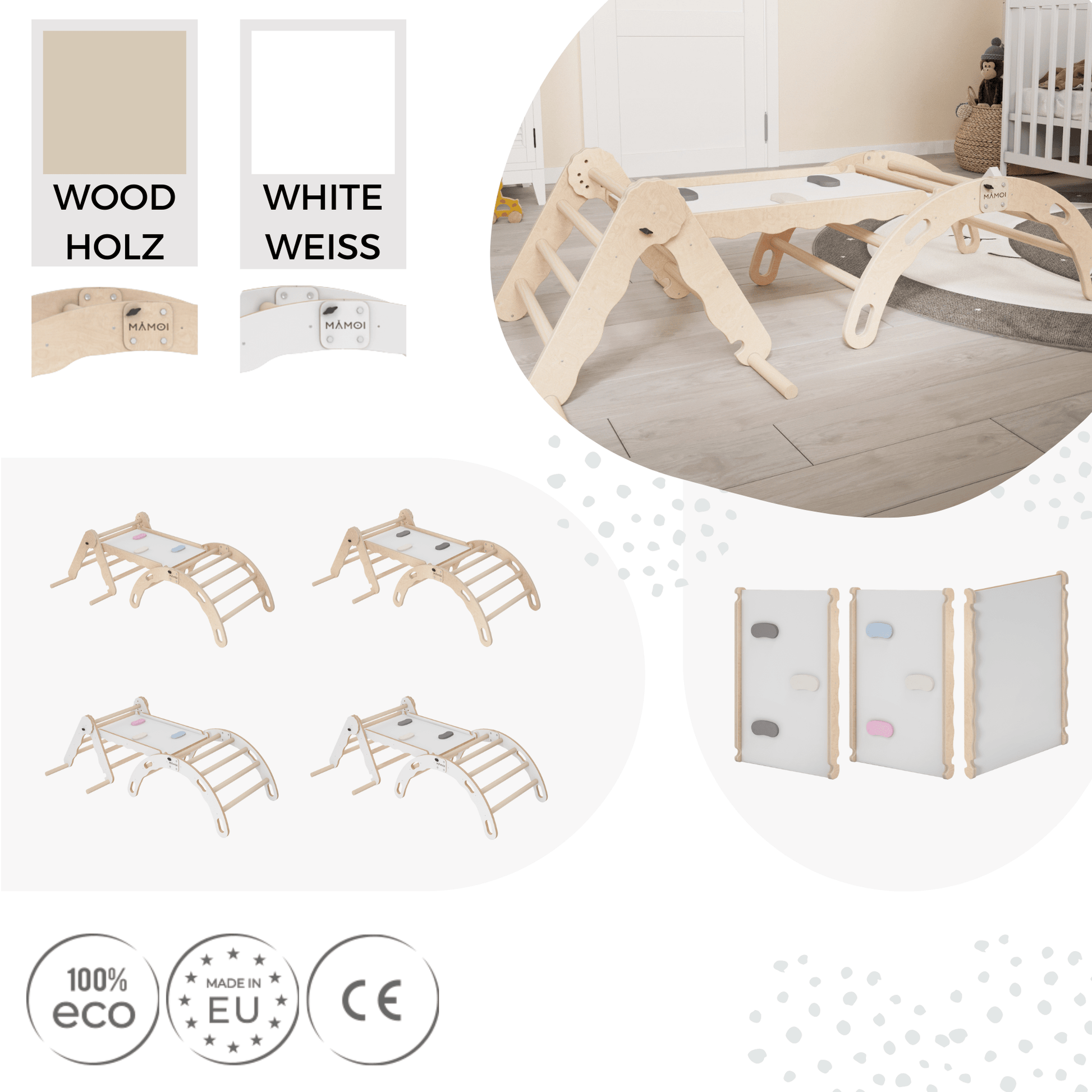 MAMOI® SET: Climbing frame, triangle and slide, Indoor wooden baby gym for toddlers, Toddler rockers, Climbers & play structures montessori from age 1-3 year old-4