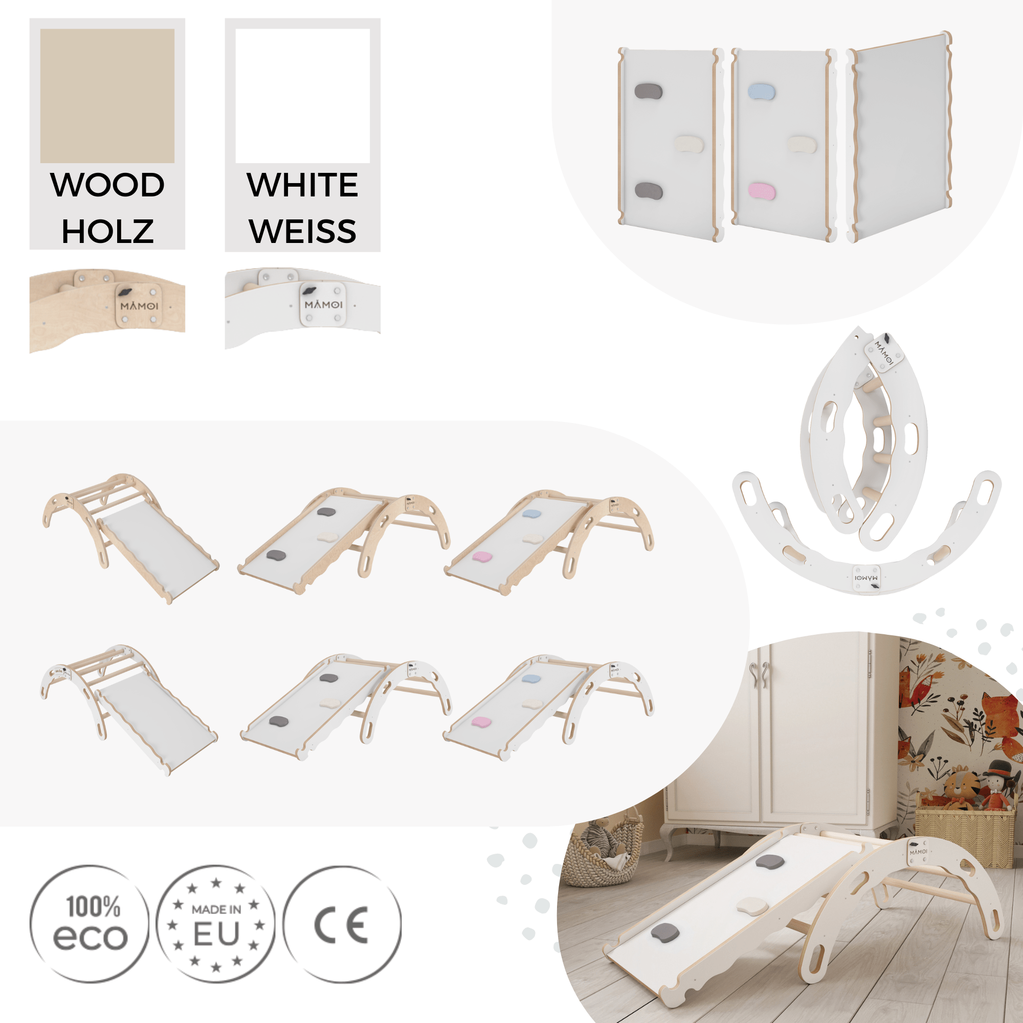 MAMOI® Indoor climbing frame for toddlers, Wooden baby gym with slide, Play gym rocker toys made of wood for toddler, Rockers montessori climbing frame age 1-3-5