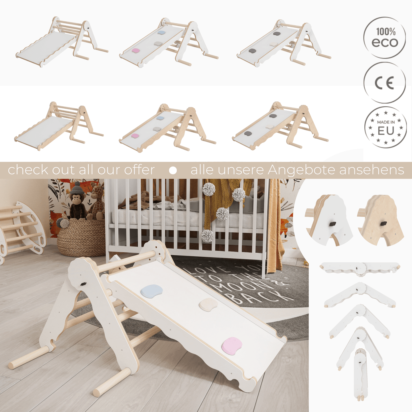 MAMOI® Indoor climbing triangle with slide for kids, Baby climbing frame, Wooden toddler gym for children outside and outdoor, Frames and slides, montessori toys for toddlers age 1-3-5