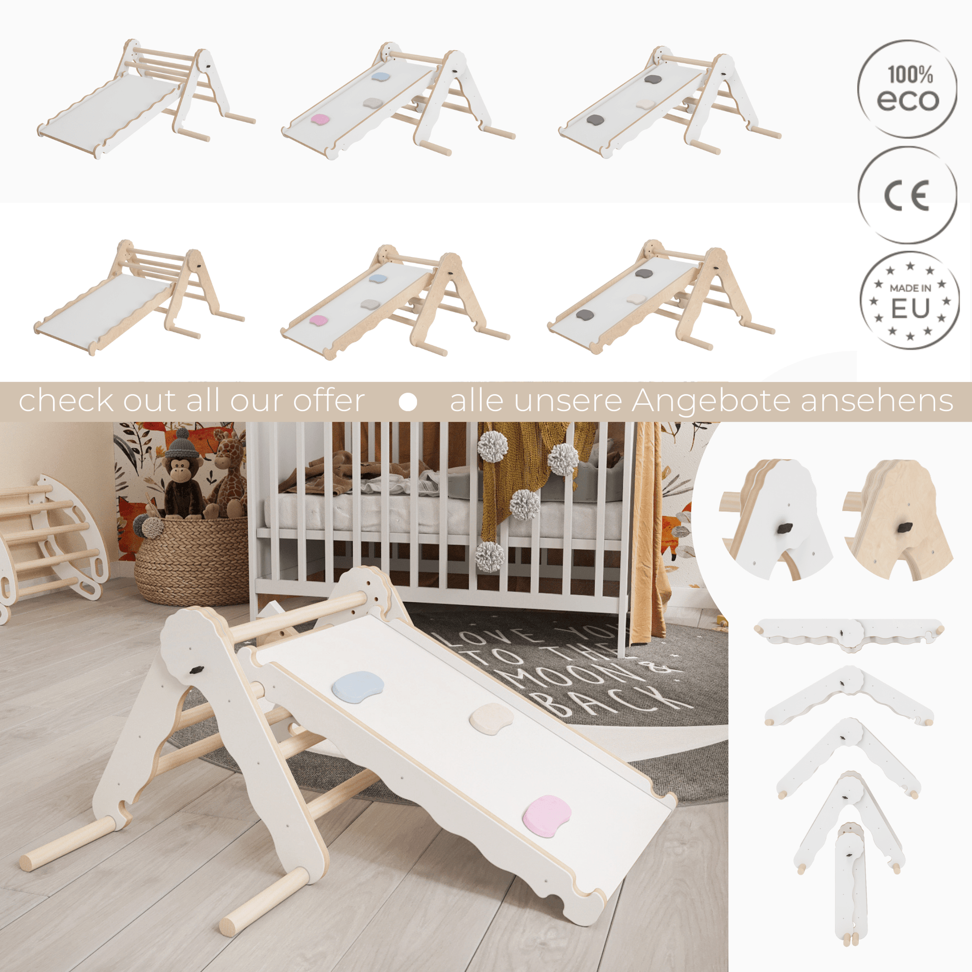 MAMOI® Indoor climbing triangle with slide for kids, Baby climbing frame, Wooden toddler gym for children outside and outdoor, Frames and slides, montessori toys for toddlers age 1-3-5