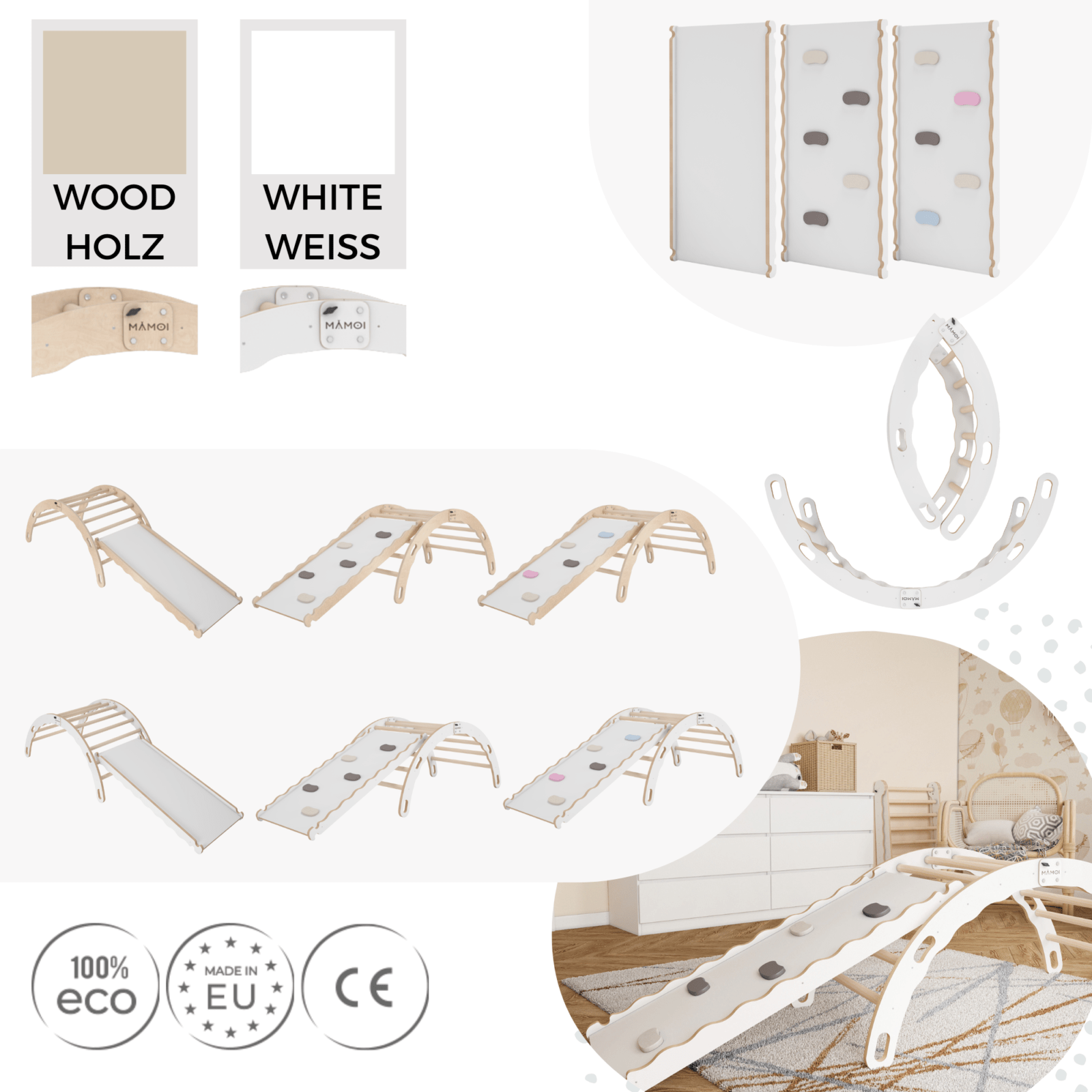 MAMOI® Indoor climbing frame for toddlers, Wooden baby gym with slide, Play gym rocker toys made of wood for toddler, Rockers montessori climbing frame age 1-3-5