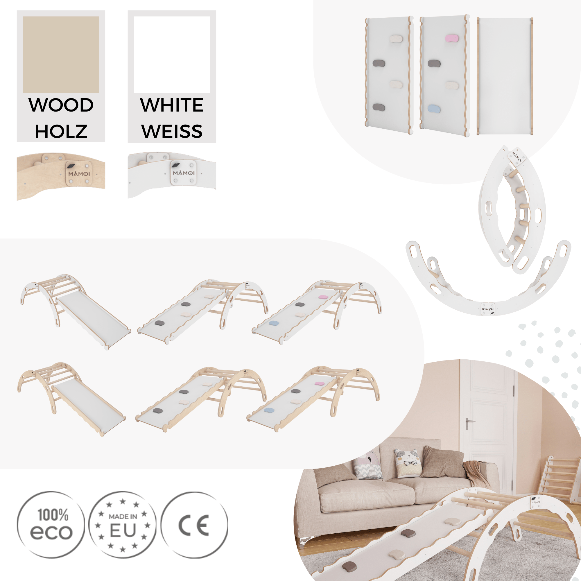 MAMOI® Indoor climbing frame for toddlers, Wooden baby gym with slide, Play gym rocker toys made of wood for toddler, Rockers montessori climbing frame age 1-3-5