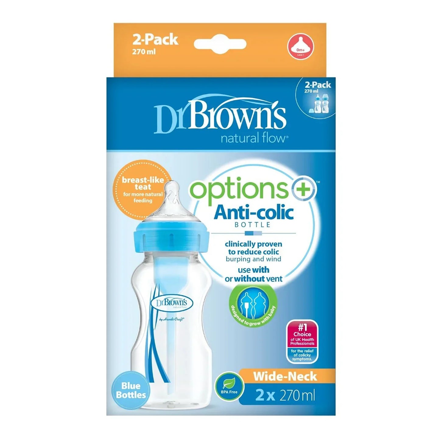 Dr. Brown's Options+ Anti-Colic Baby Bottle Wide Neck Blue 270ml Pack of 2