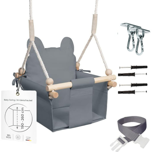 MAMOI® Wooden baby swing seat for toddlers Grey, Indoor toddler swings chair from birth, Kids baby bouncer for garden, Child rocker swing set from 8 months-0