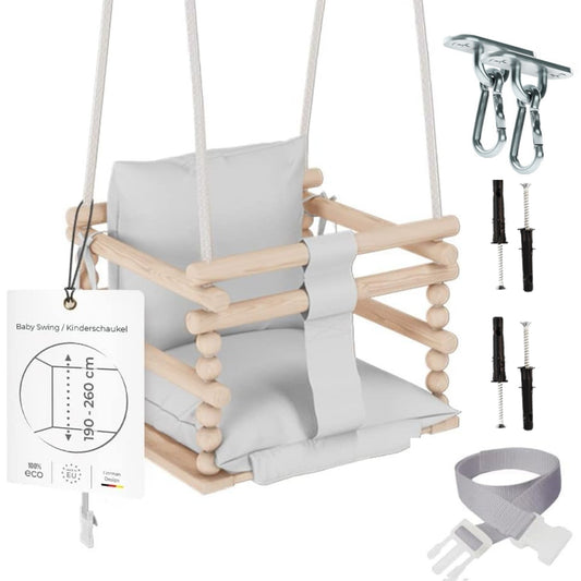 MAMOI® Baby swing Light grey, Toddler sensory seat 3 in 1, Wooden door bouncer for kids, Indoor swings set, Chair from birth for toddlers age 1-3-0