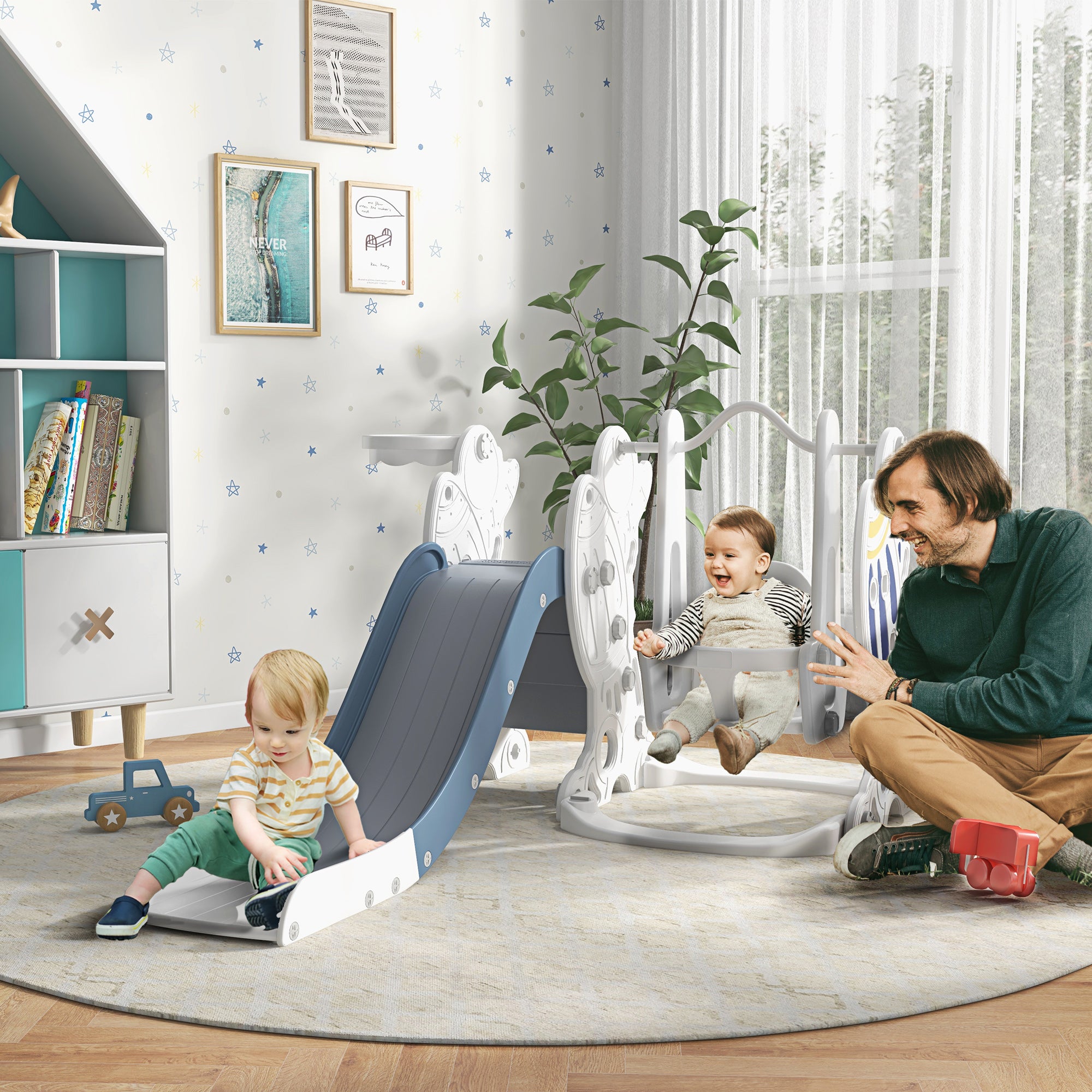 AIYAPLAY Space-Themed Kids Slide and Swing Set with Basketball Hoop in Blue-8