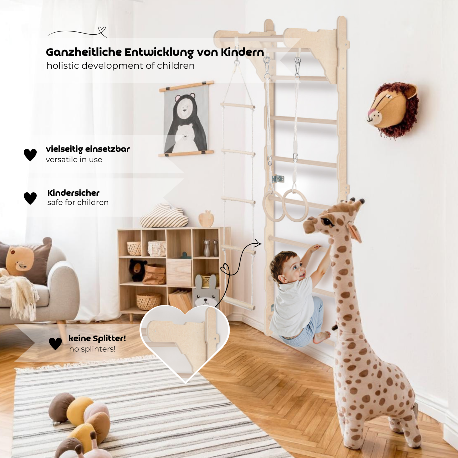 MAMOI® Children's Gymnastics Wall Bar (210 cm) | Wooden Wall-Mounted Ladder | Climbing Ladder for Kids | Gymnastic Rings | Safety Mat | Climbing Rope | 100% ECO | Made in EU-3