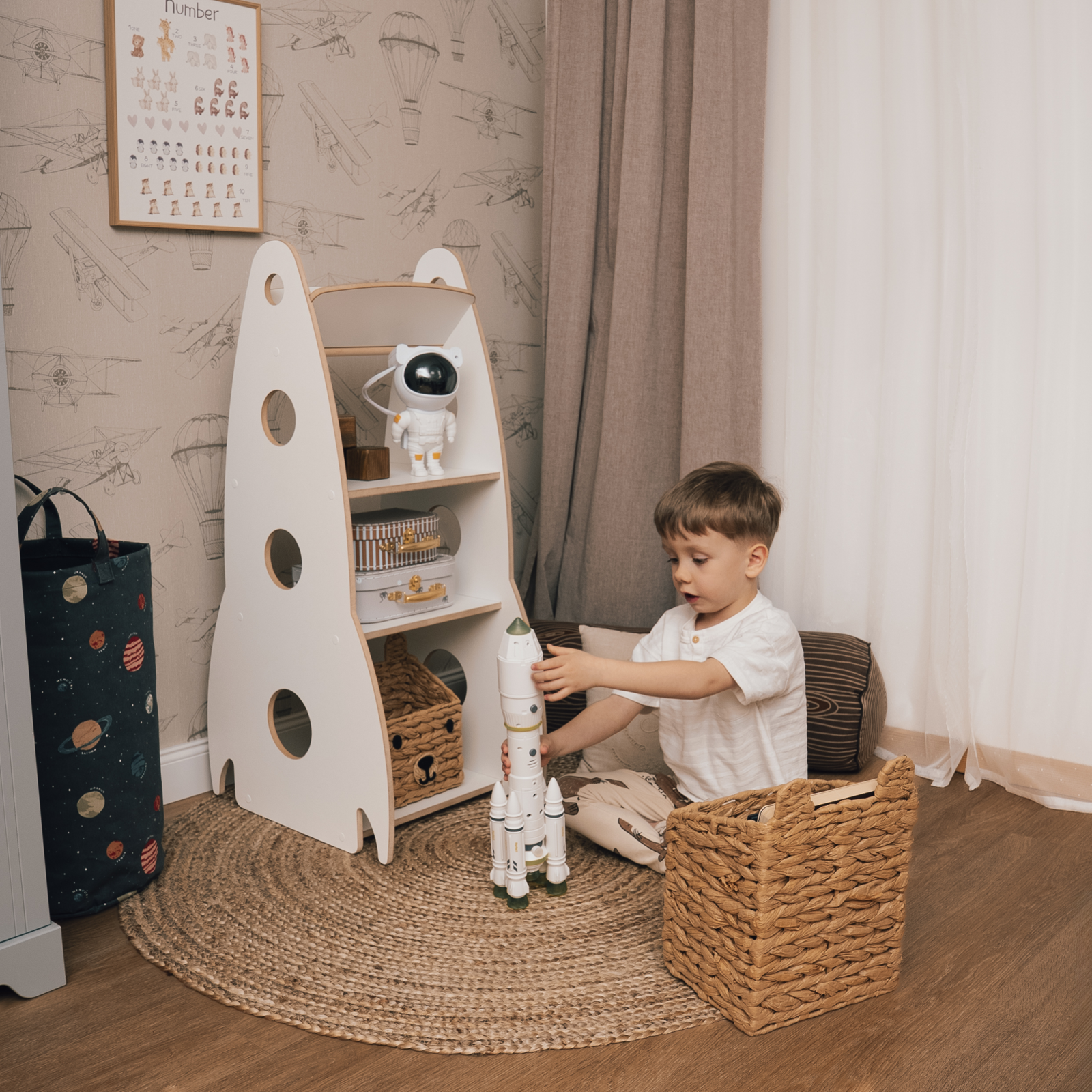 MAMOI® Children’s rocket-shaped bookshelf, wooden Montessori bookcase, kids book and toy organizer, shelf for children’s room, 100% ECO, Made in EU-4