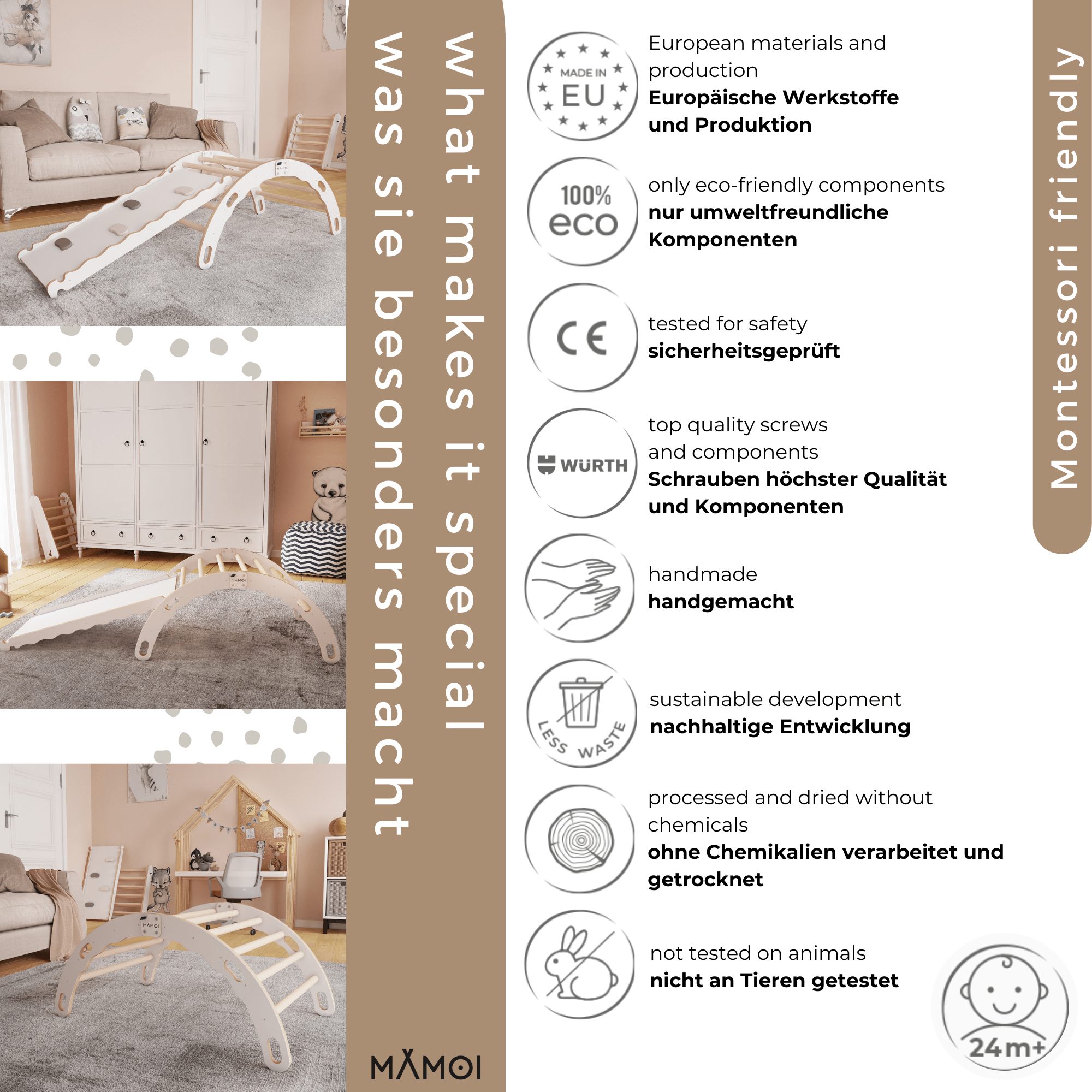 MAMOI® Indoor climbing frame for toddlers, Wooden baby gym with slide, Play gym rocker toys made of wood for toddler, Rockers montessori climbing frame age 1-3-4