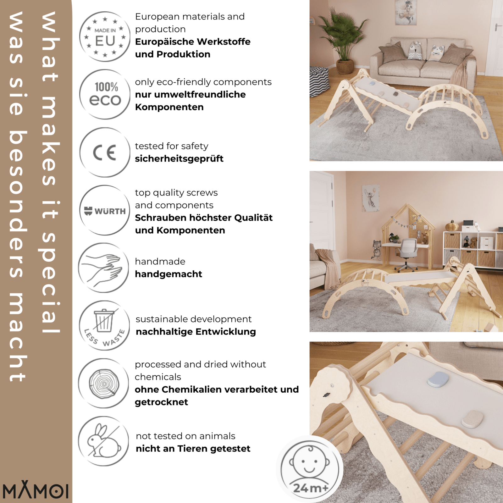 MAMOI® SET: Climbing frame, triangle and slide, Indoor wooden baby gym for toddlers, Toddler rockers, Climbers & play structures montessori from age 1-3 year old-5