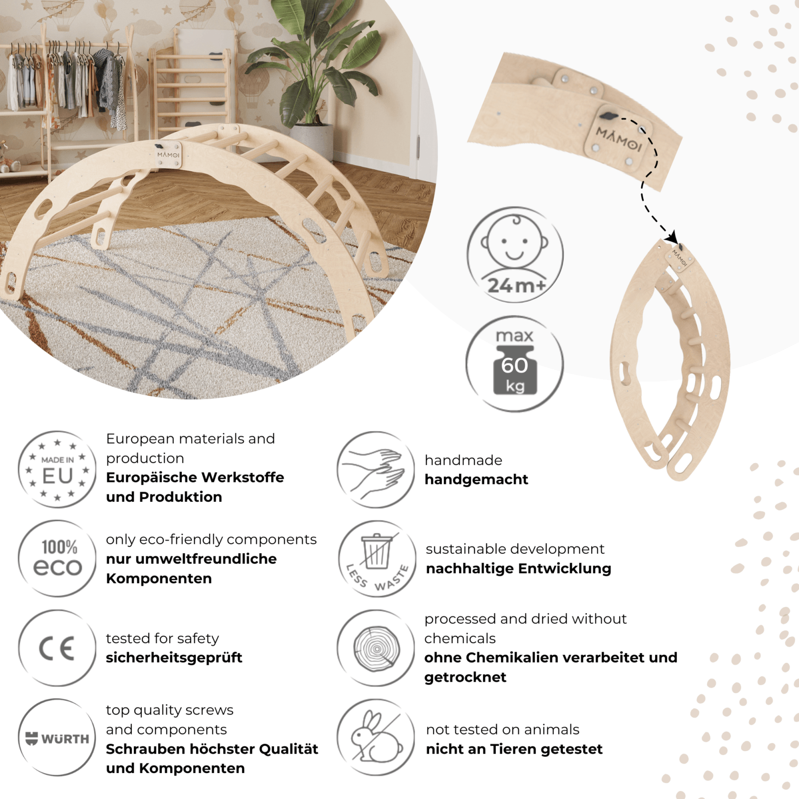 MAMOI® Indoor climbing frame for toddlers, Wooden baby gym, Play gym rocker toys made of wood for toddler, Rockers montessori climbing frame age 1-3-3