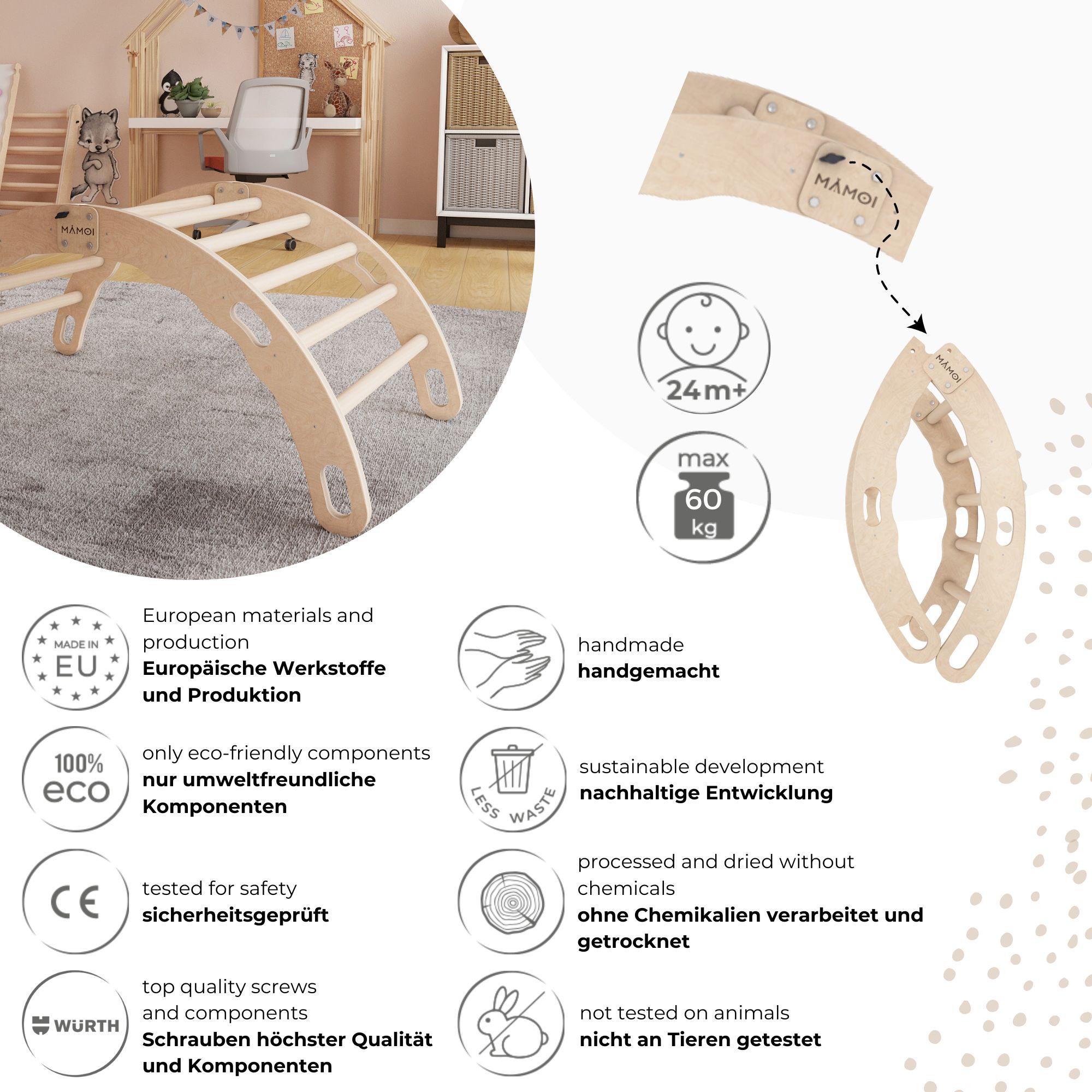 MAMOI® Indoor climbing frame for toddlers, Wooden baby gym, Play gym rocker toys made of wood for toddler, Rockers montessori climbing frame age 1-3-3