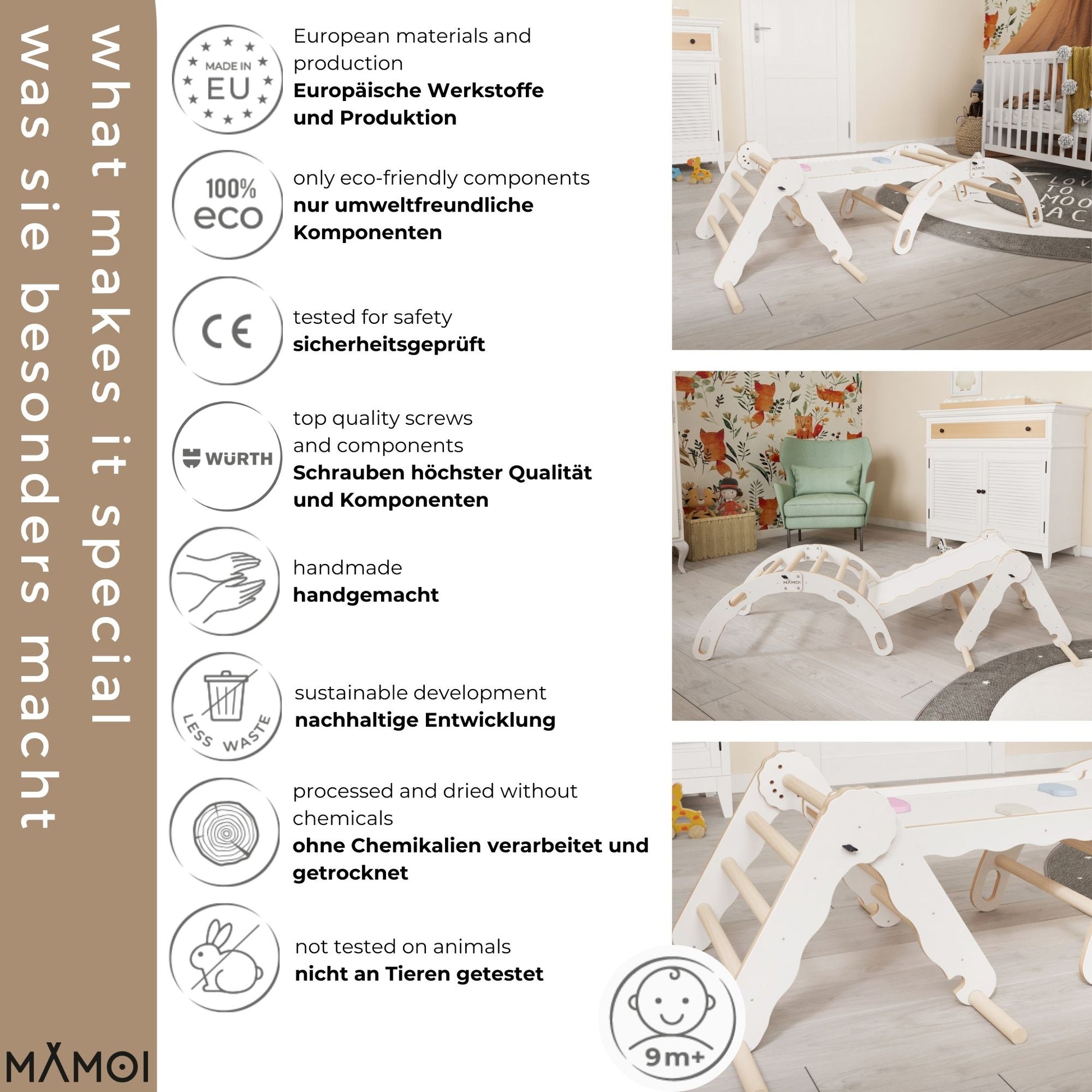 MAMOI® Set: Climbing triangle + Cradle + Slide for children | Climbing frame and slide for kids minimalist design | Yarnwood triangle for toddlers with slide 100% ECO | Made in EU-4
