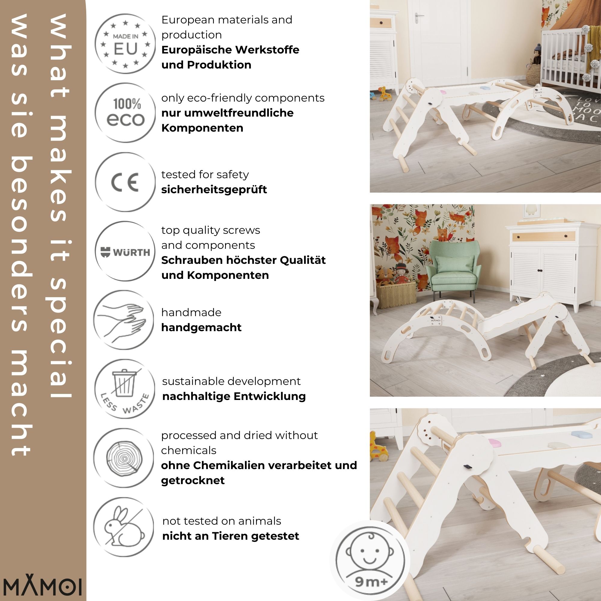 MAMOI® Set: Climbing triangle + Cradle + Slide for children | Climbing frame and slide for kids minimalist design | Yarnwood triangle for toddlers with slide 100% ECO | Made in EU-4