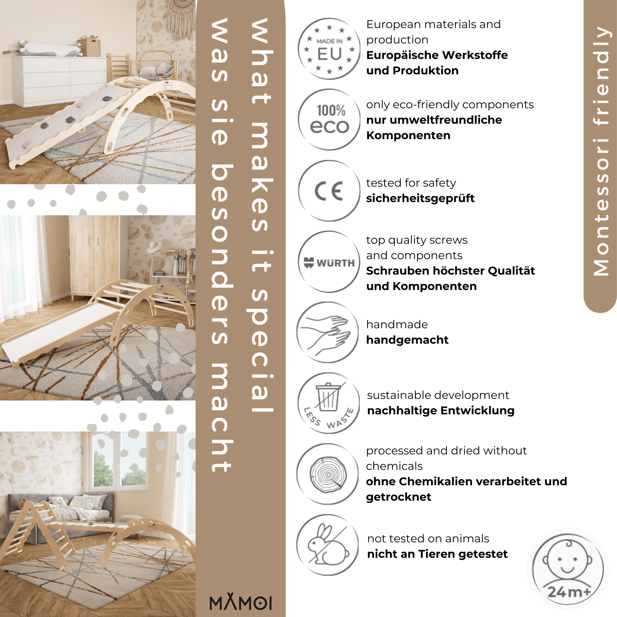 MAMOI® Indoor climbing frame for toddlers, Wooden baby gym with slide, Play gym rocker toys made of wood for toddler, Rockers montessori climbing frame age 1-3-5