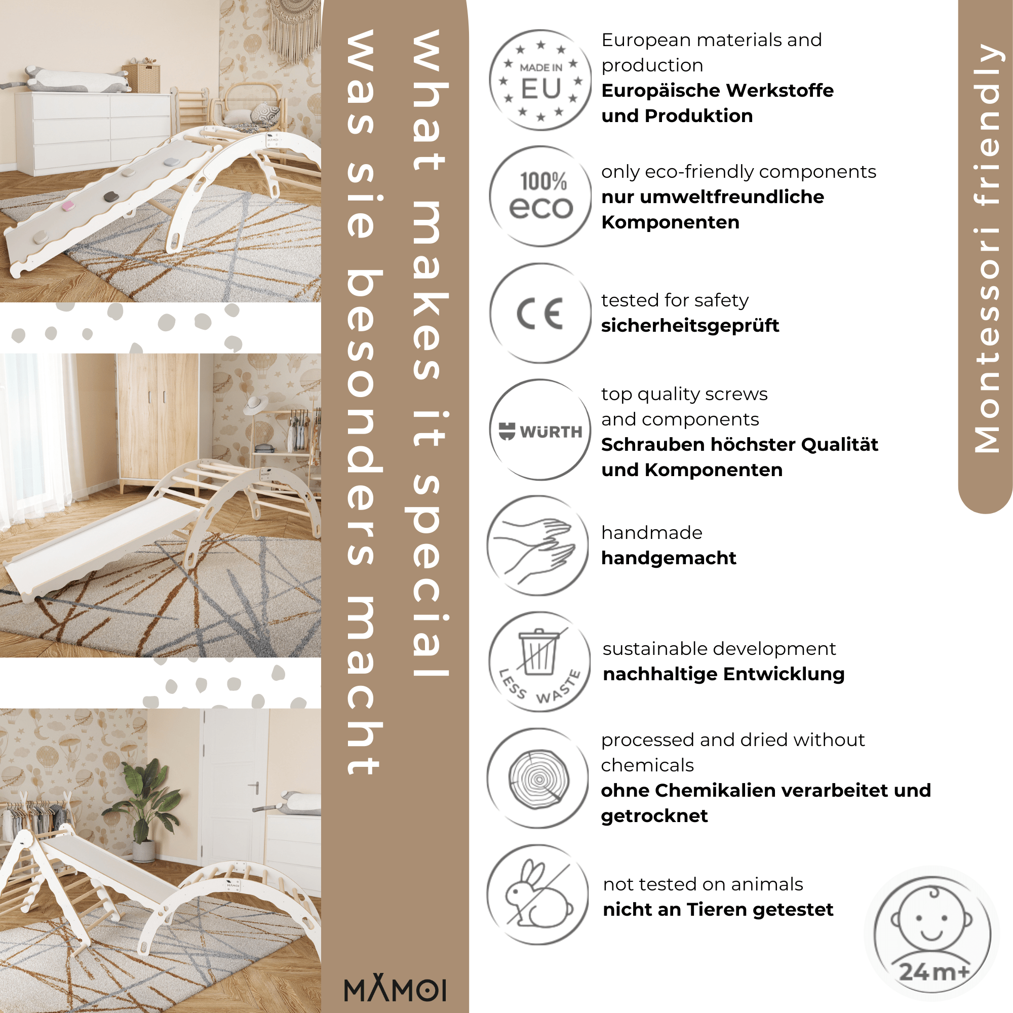 MAMOI® Indoor climbing frame for toddlers, Wooden baby gym with slide, Play gym rocker toys made of wood for toddler, Rockers montessori climbing frame age 1-3-4