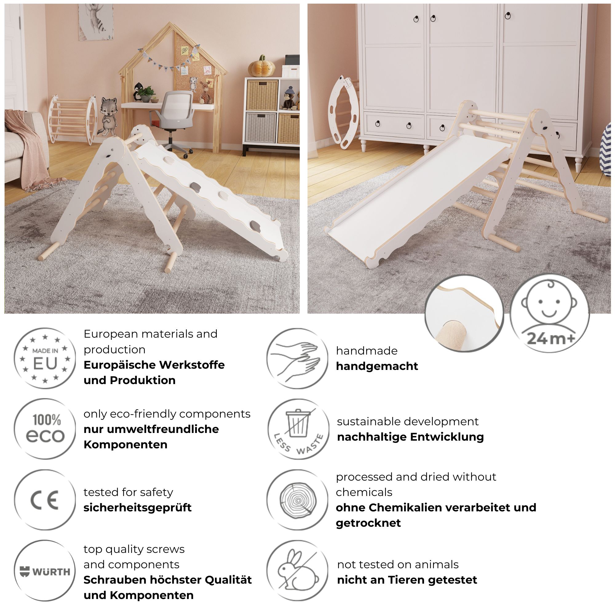 MAMOI® Indoor climbing triangle with slide for kids, Baby climbing frame, Wooden toddler gym for children outside and outdoor, Frames and slides, montessori toys for toddlers age 1-3-5
