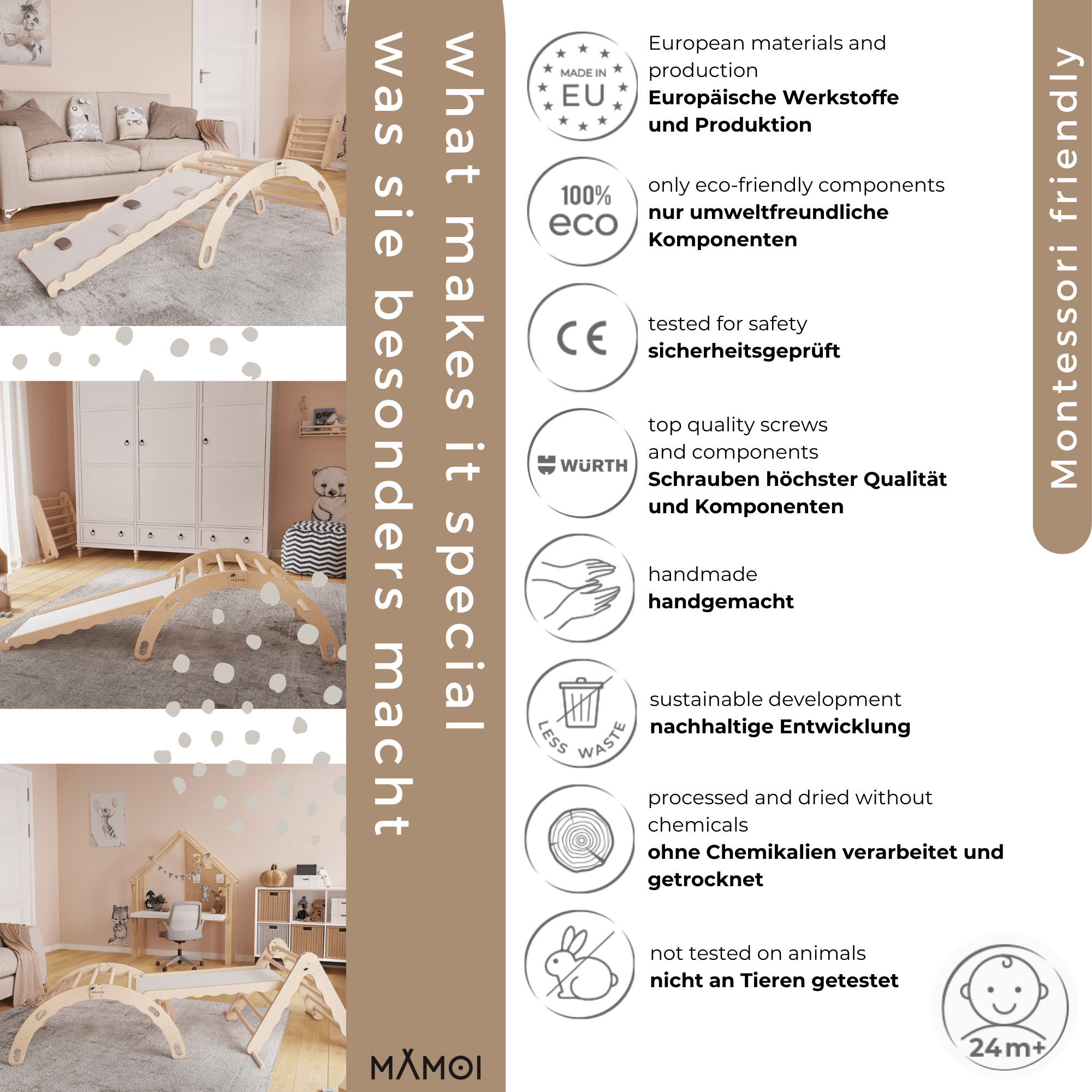 MAMOI® Indoor climbing frame for toddlers, Wooden baby gym with slide, Play gym rocker toys made of wood for toddler, Rockers montessori climbing frame age 1-3-4