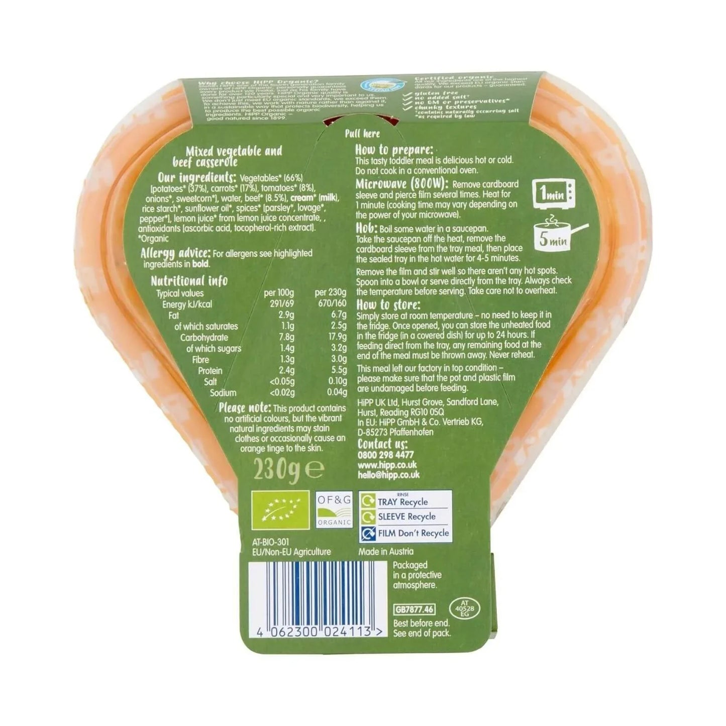 HiPP Organic Hearty Vegetable & Beef Casserole Toddler Tray Meal 12+ months 230g