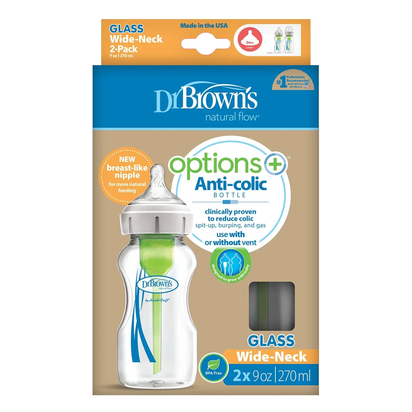 Dr. Brown's Options+ Wide Neck Anti-Colic Glass Bottle 270ml Pack of 2