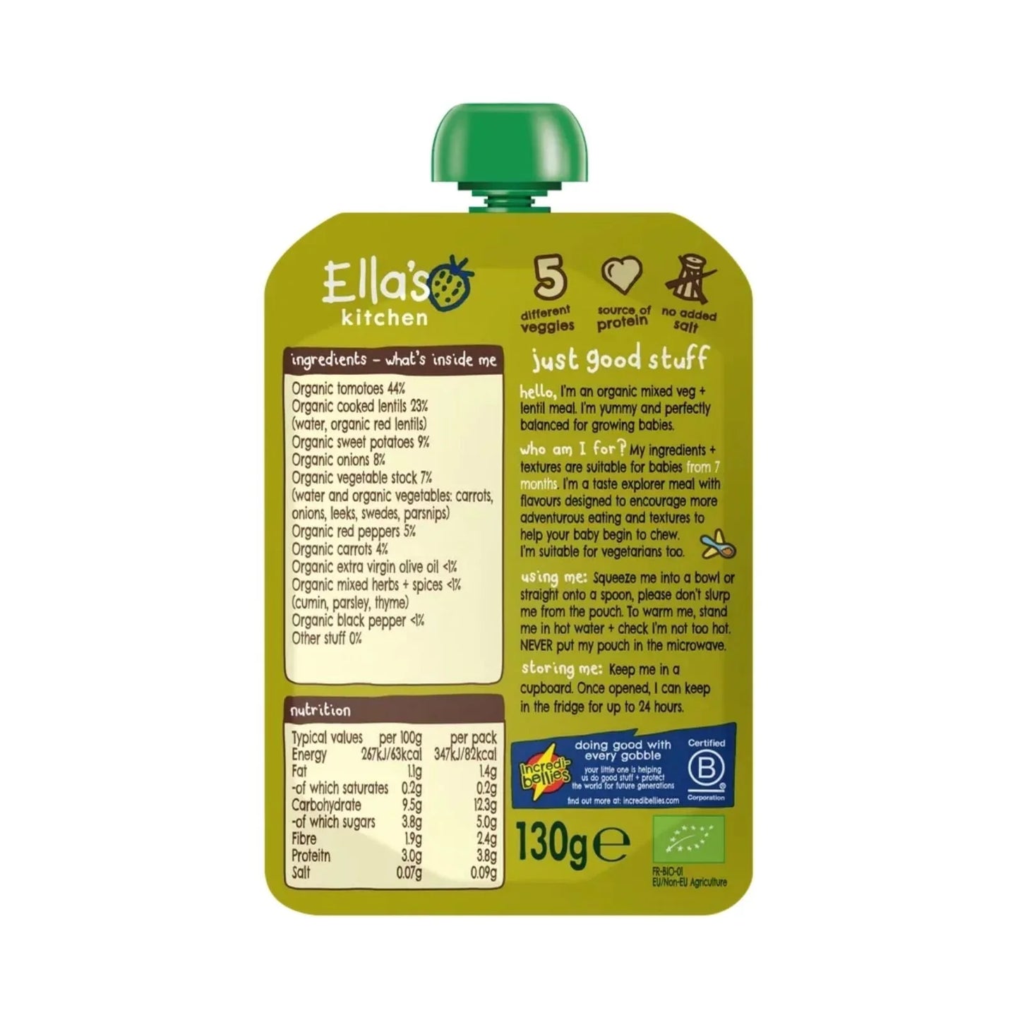 Ella's Kitchen Organic Vegetable & Lentil Bake Baby Food Pouch 7+ months 130g