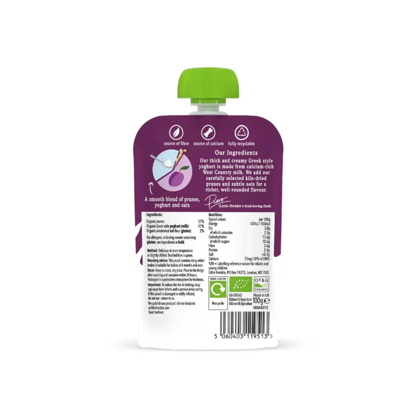 Little Freddie Organic Prune Greek Style Yoghurt with Oats Baby Food Pouch 6+ months 100g