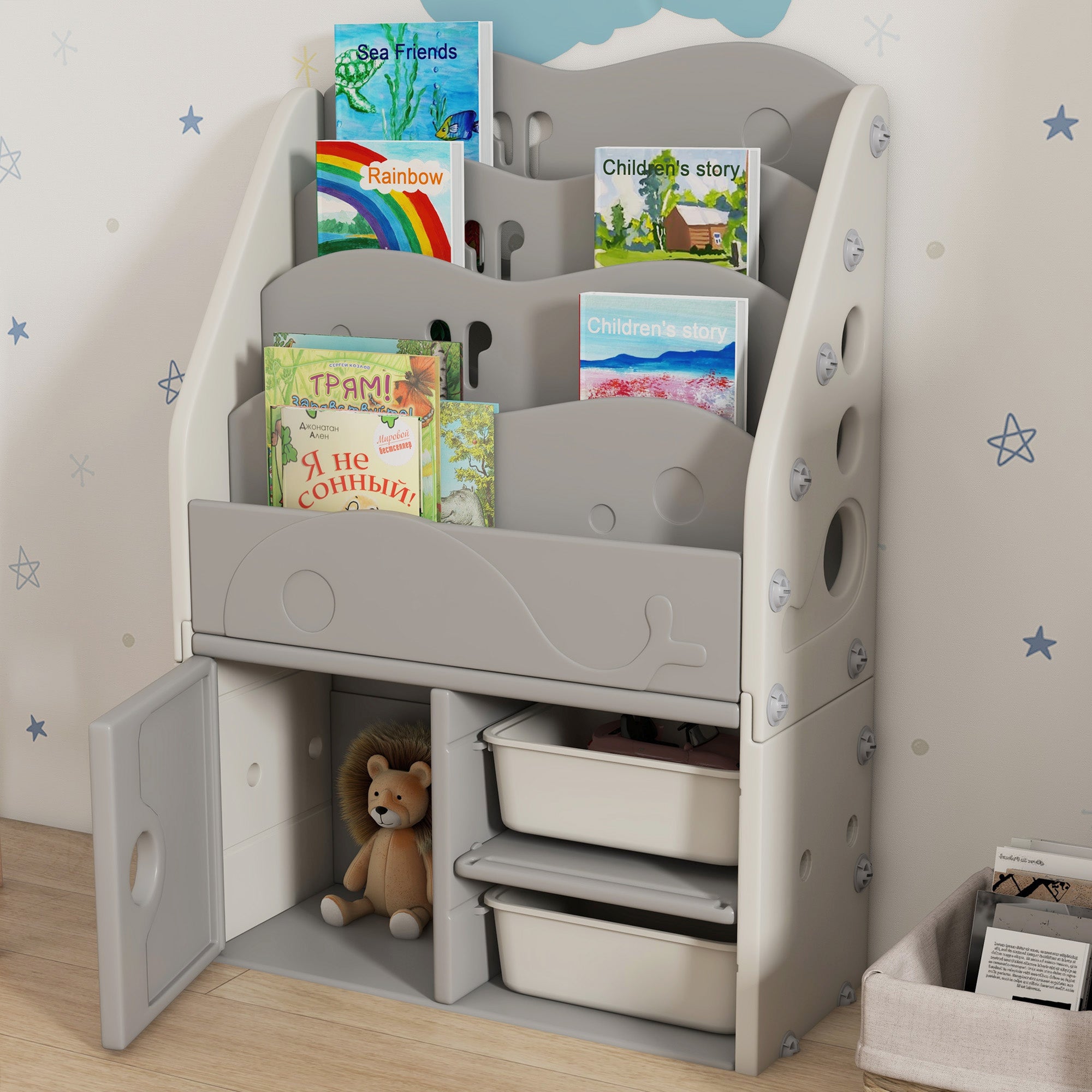 AIYAPLAY Kids Storage Units with 2 Storage Boxes, 4 Tier Bookshelf, Cabinet, 67 x 29 x 98cm Light Grey-7