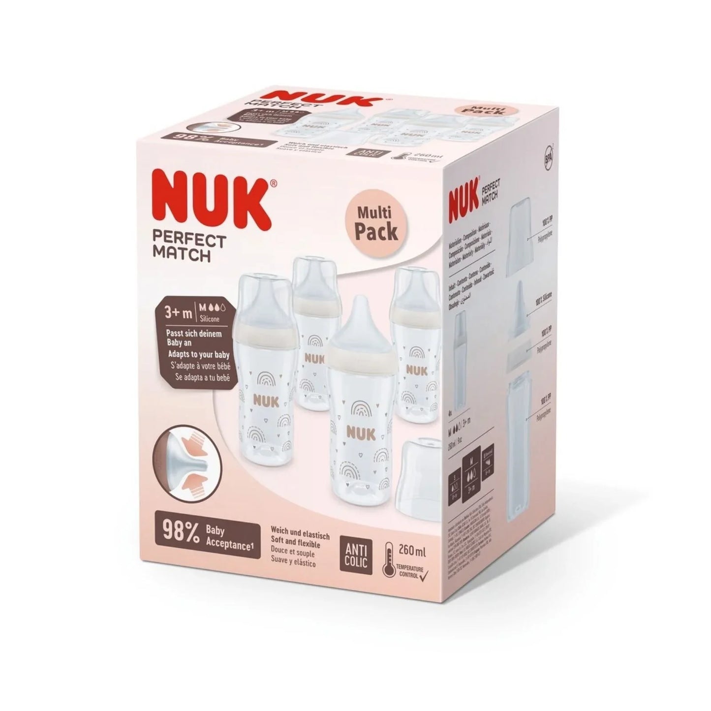 NUK Anti-Colic Perfect Match 260ml Pack of 4 - Rainbow