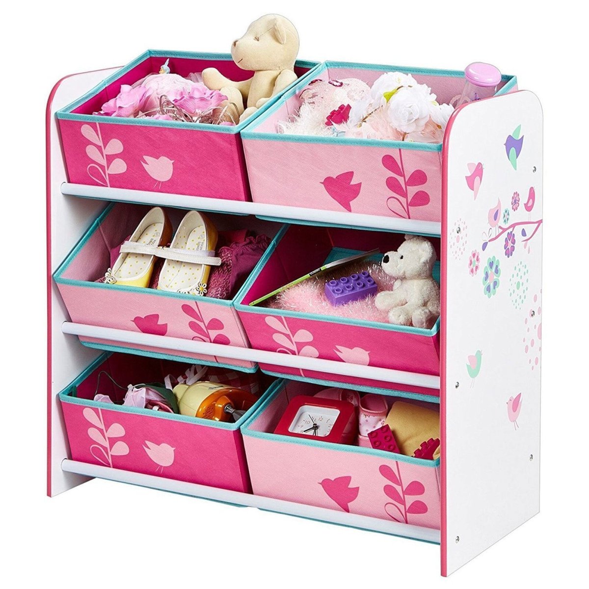 Hello Home Kids Bedroom Toy Storage Unit with 6 Fabric Storage Boxes - Flowers and Birds