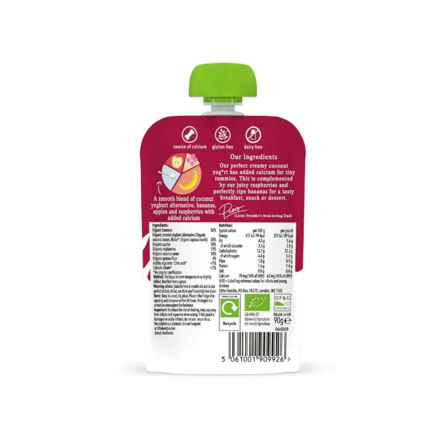 Little Freddie Organic Dairy Free Banana & Raspberry Yoghurt Baby Food Pouch 6+ months 90g