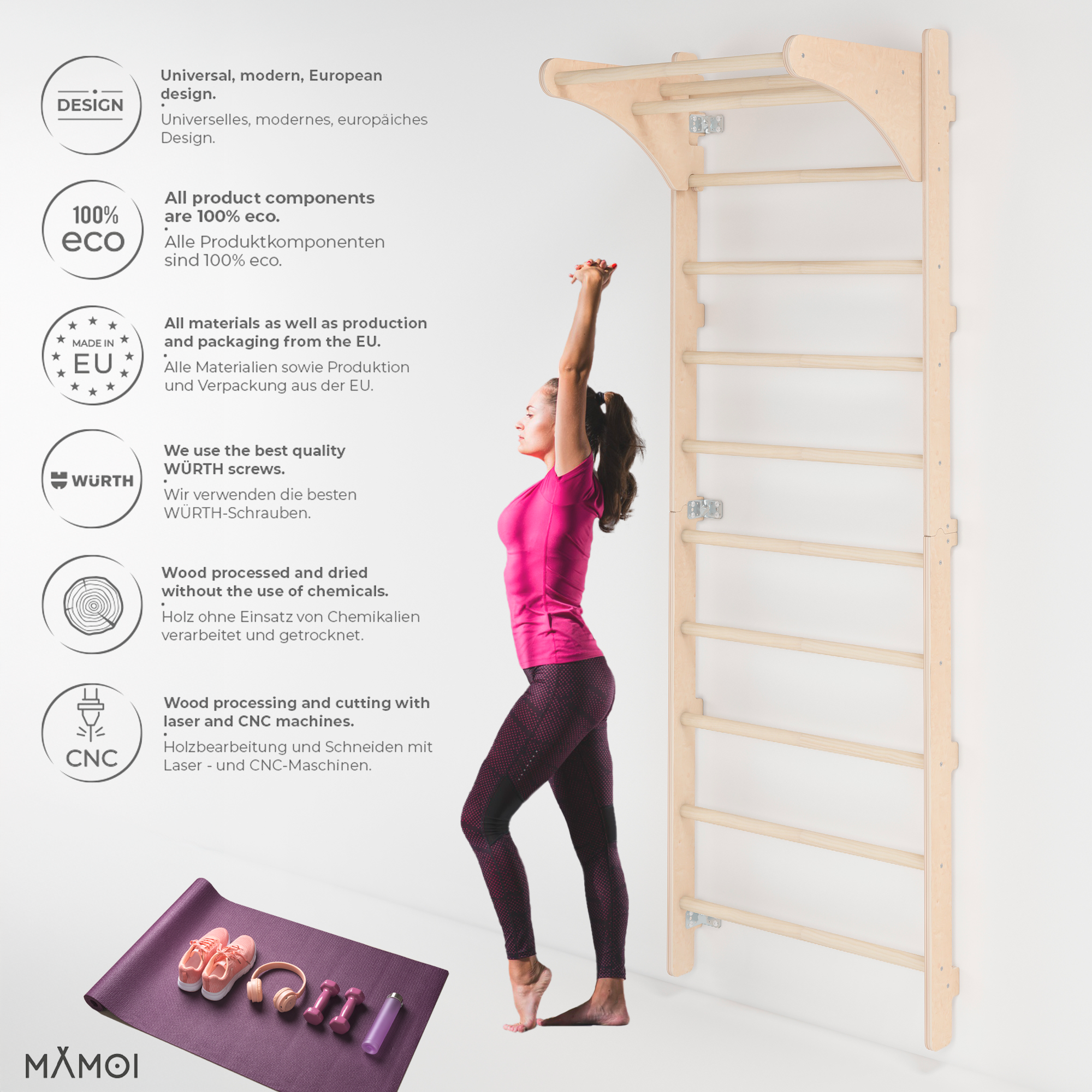 MAMOI® Wall-Mounted Gymnastics Bar with Pull-Up Bar (230 cm) | Wooden Training Ladder | Multi-Purpose Fitness Equipment | Wall-Mounted Gym Ladder for Adults & Kids | 100% ECO | Made in EU-5