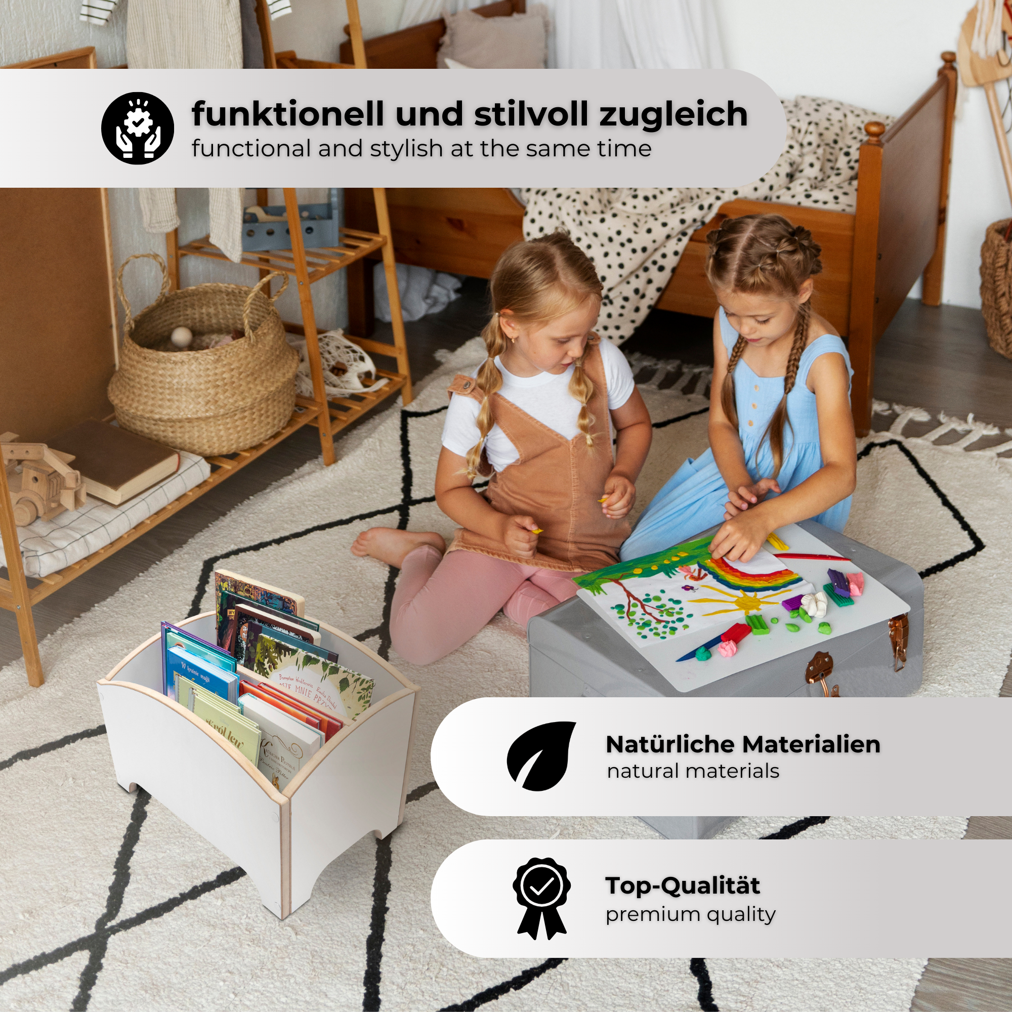 MAMOI® Bookshelf for children, book shelf, wall shelf children's shelf, book box for children's room, book shelf children's bookshelf, book bench wood, play box white-4