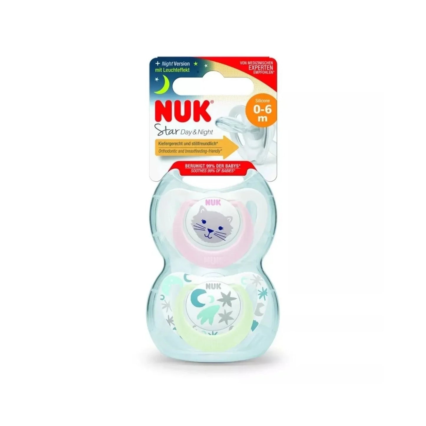 NUK Star Day & Night Soother 0-6 months Pack of 2 - Pink