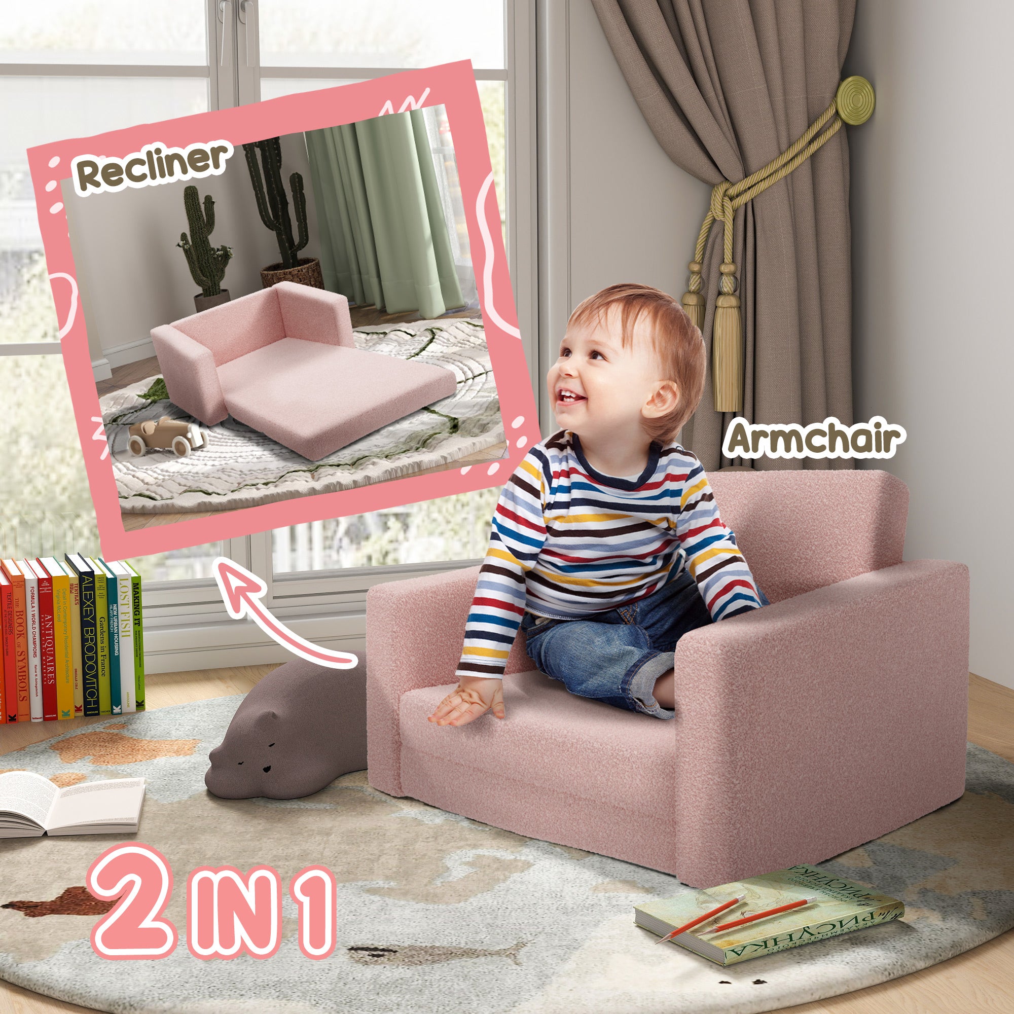 Childrens Sofa 2 in 1 Kids Convertible Sofa Kids Armchair, Foldable Recliner for Bedroom Playroom Living Room, Pink | AIYAPLAY-2