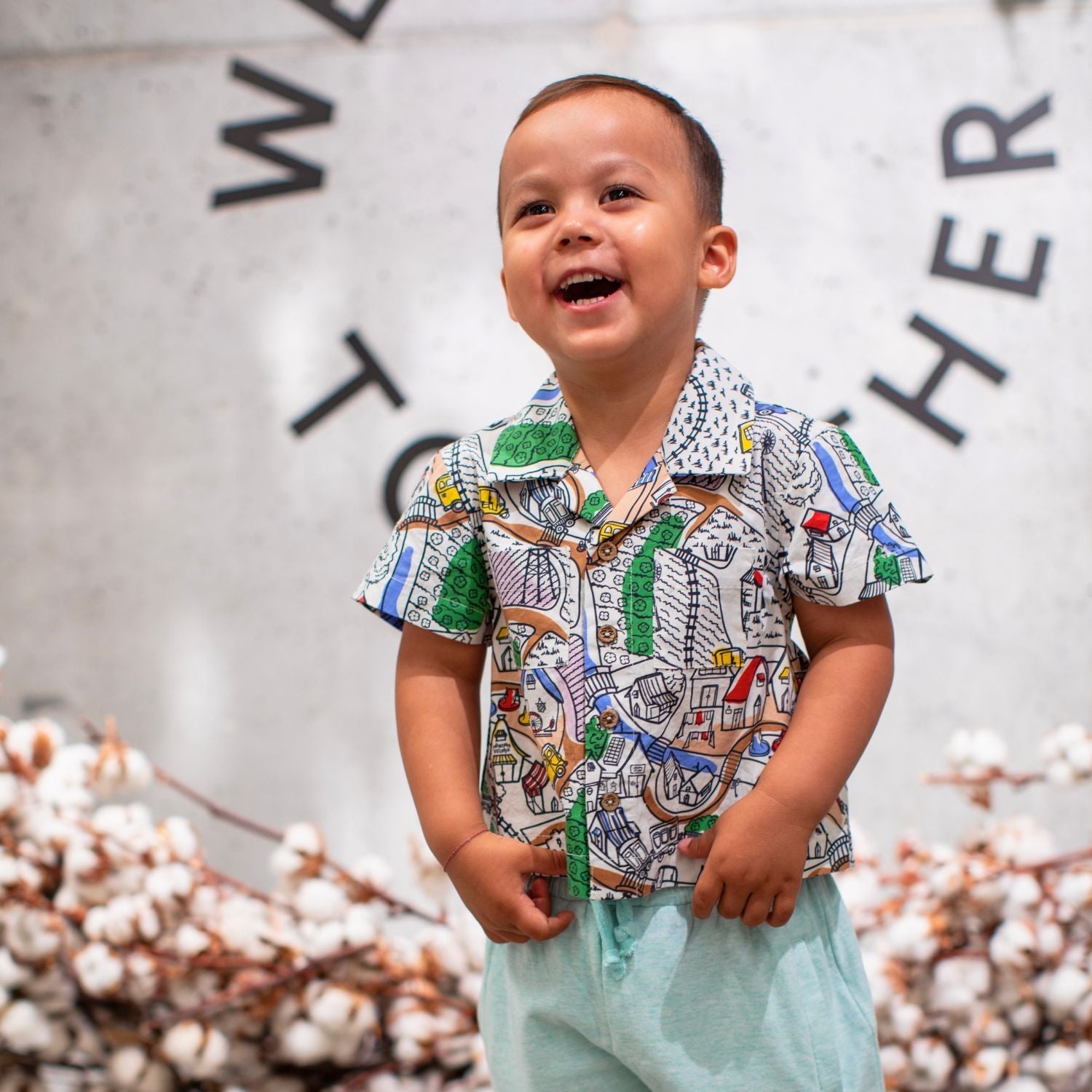 Village Print Boys and Girls Button Up Shirt-1